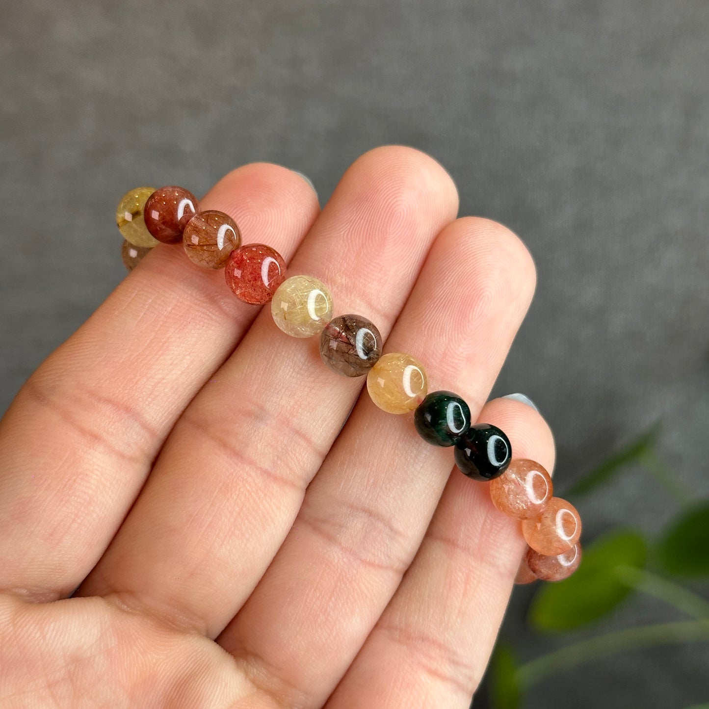 Dark Tri Colour Natural Rutilated Quartz Bracelet Size 7.5 mm