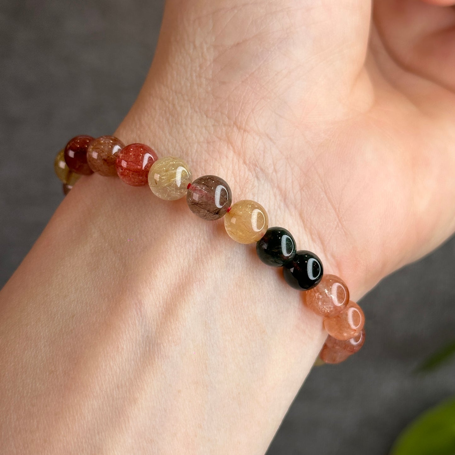 Dark Tri Colour Natural Rutilated Quartz Bracelet Size 7.5 mm