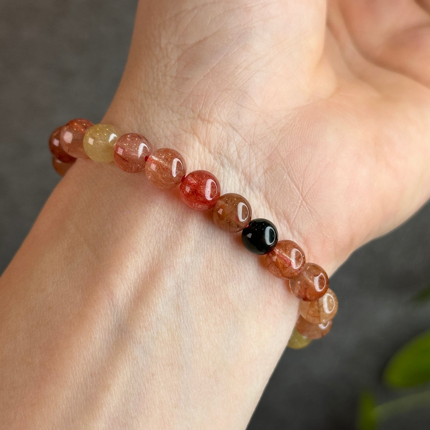 Dark Tri Colour Natural Rutilated Quartz Bracelet Size 7.5 mm