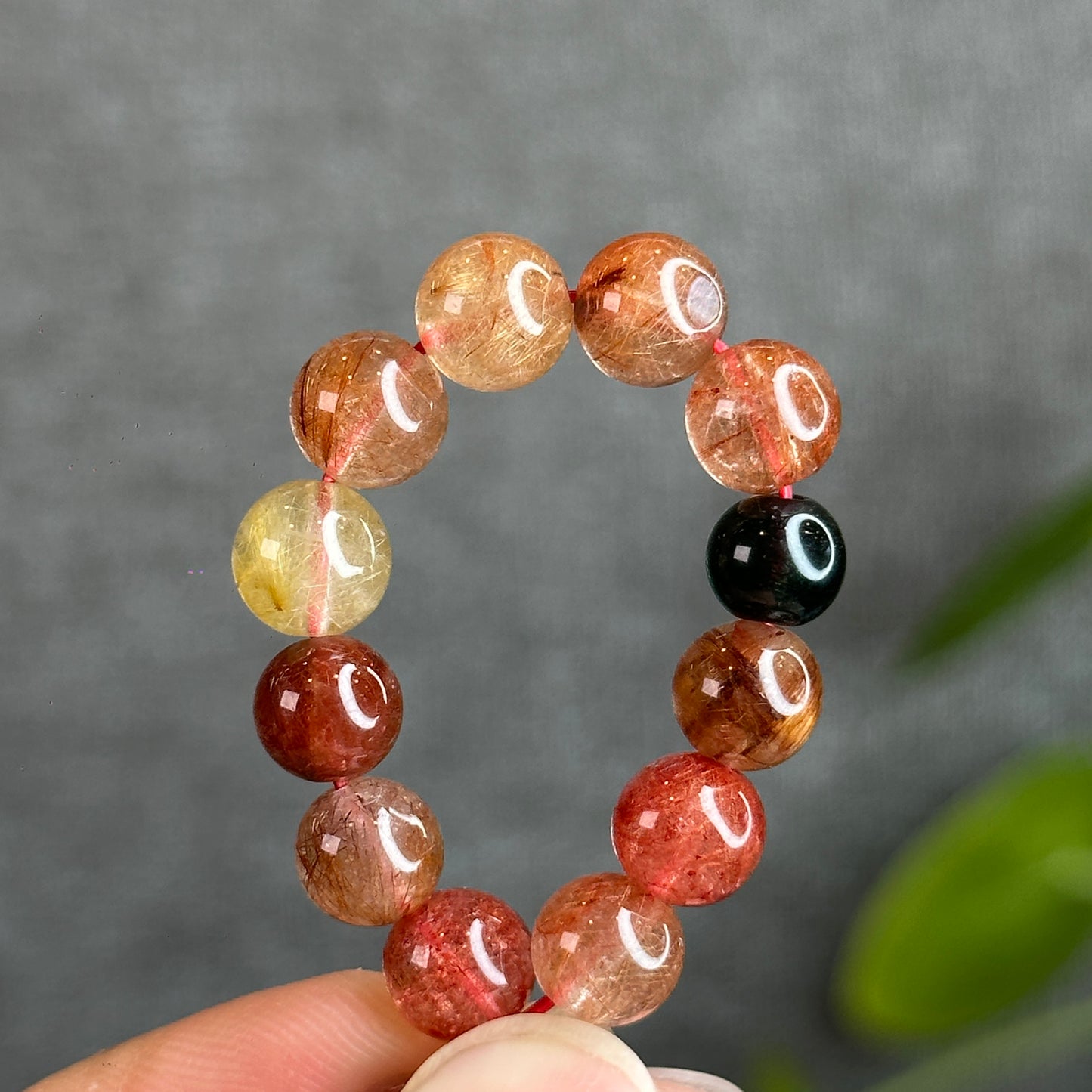 Dark Tri Colour Natural Rutilated Quartz Bracelet Size 7.5 mm