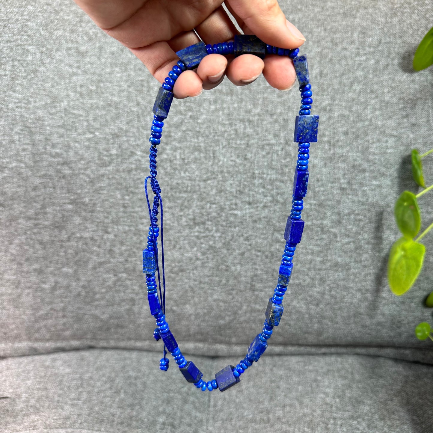 Natural Lapis Lazuli Custom Necklace, Square & Chicklet Bead Mix, Adjustable
