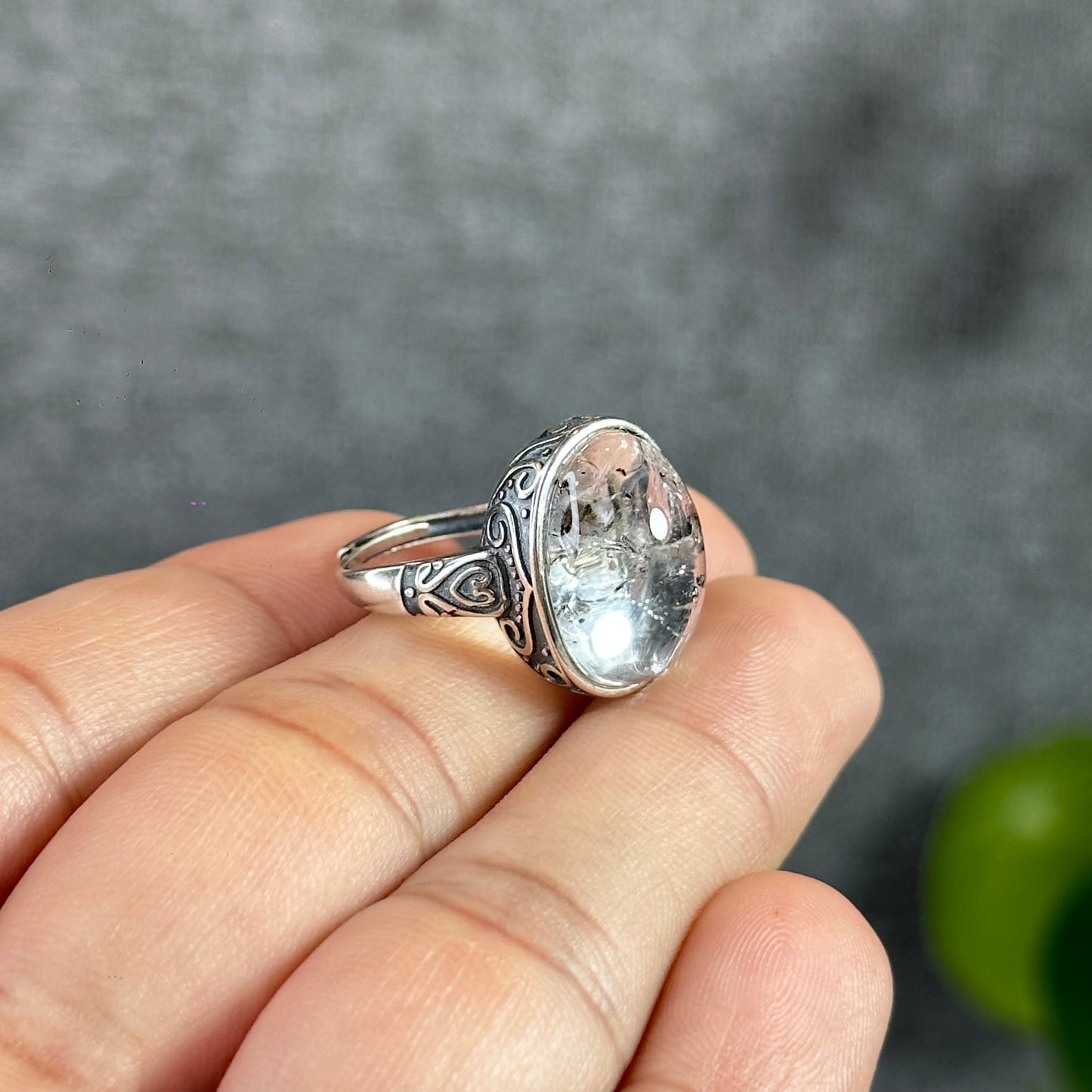 Oval Natural Herkimer Ring Freesize In Silver Setting