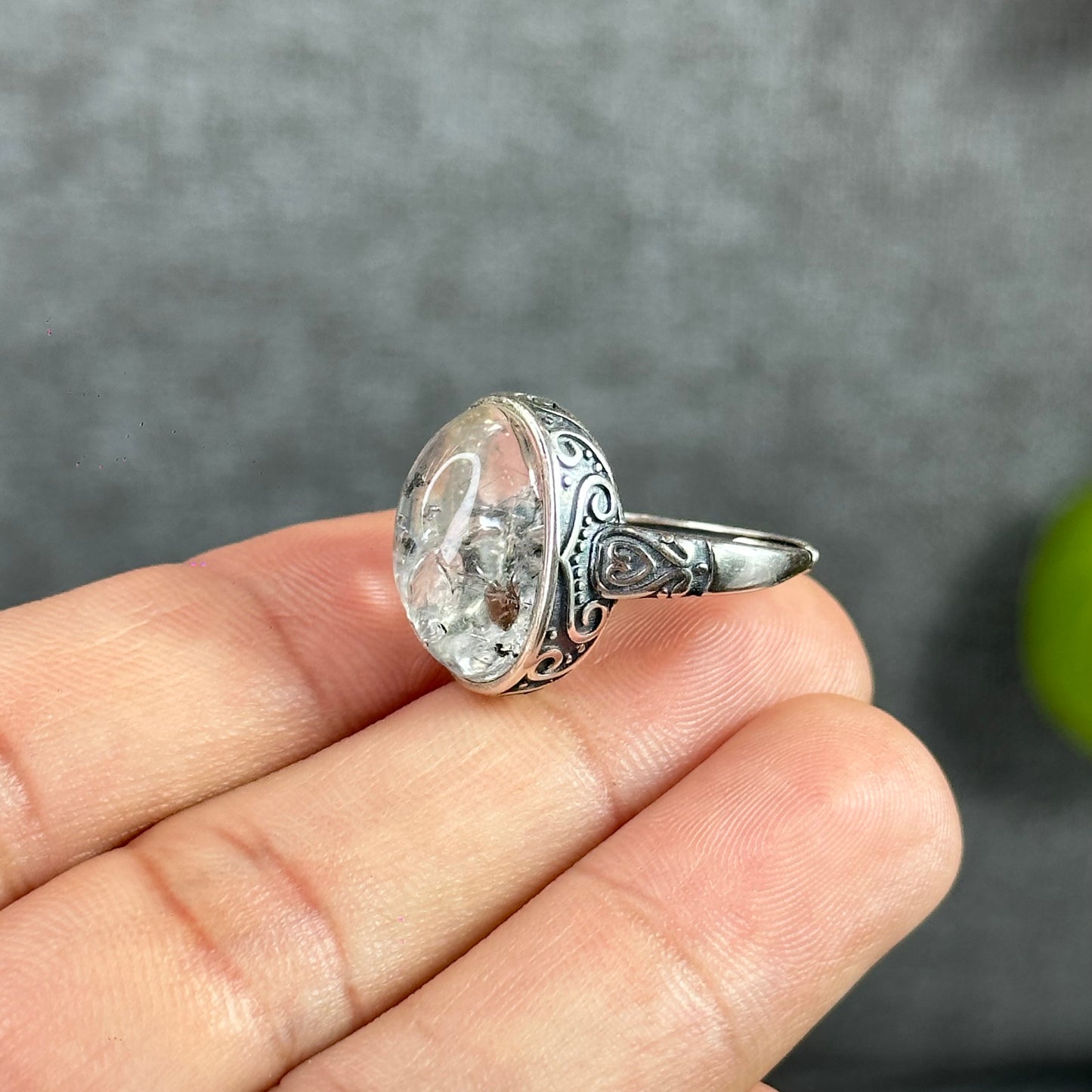 Oval Natural Herkimer Ring Freesize In Silver Setting
