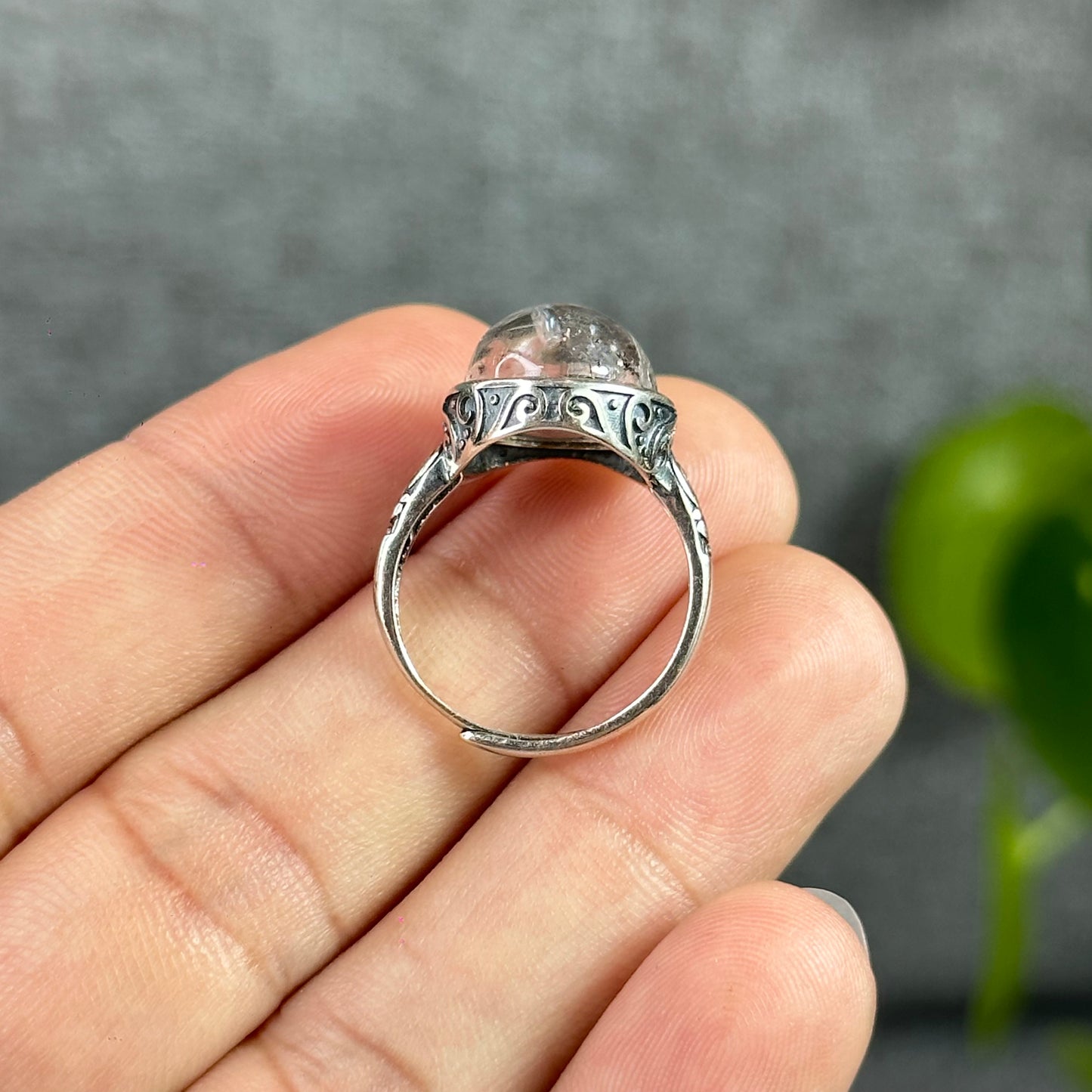 Oval Natural Herkimer Ring Freesize In Silver Setting