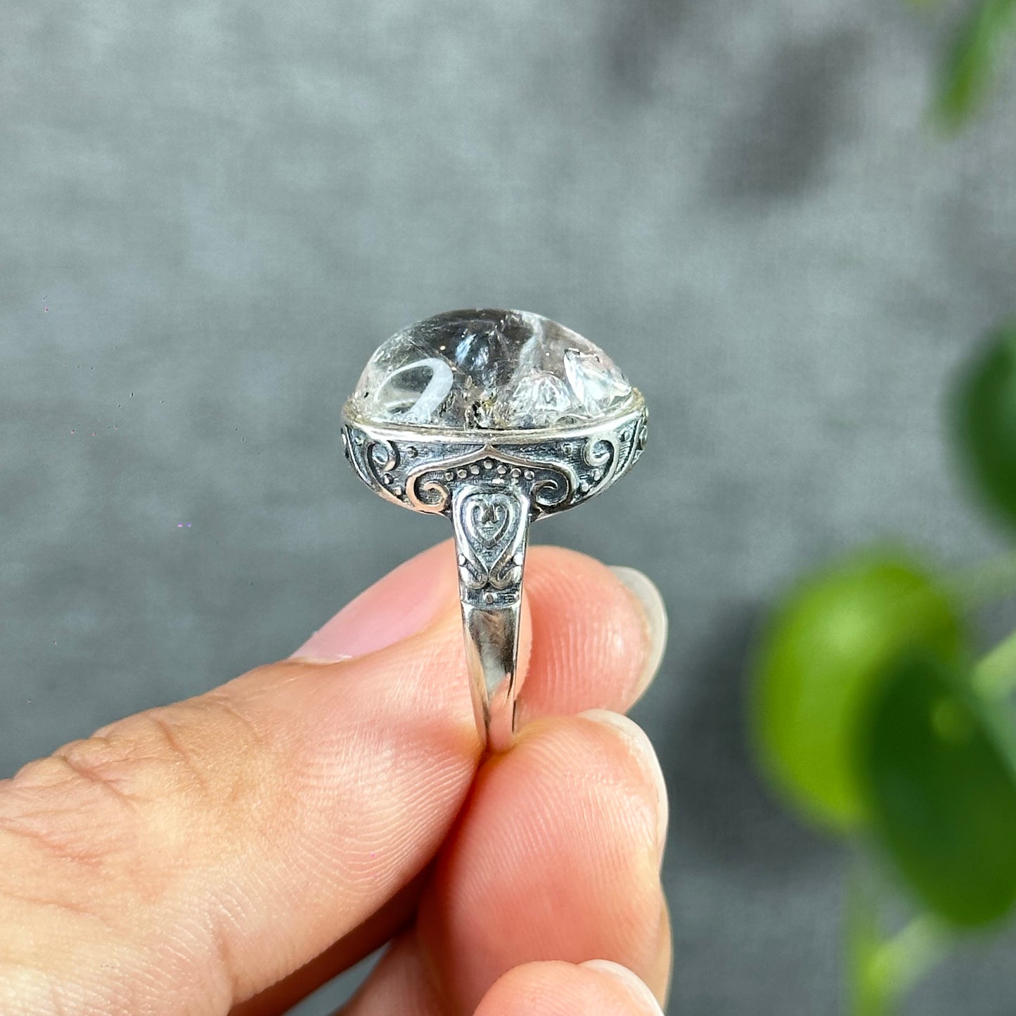 Oval Natural Herkimer Ring Freesize In Silver Setting