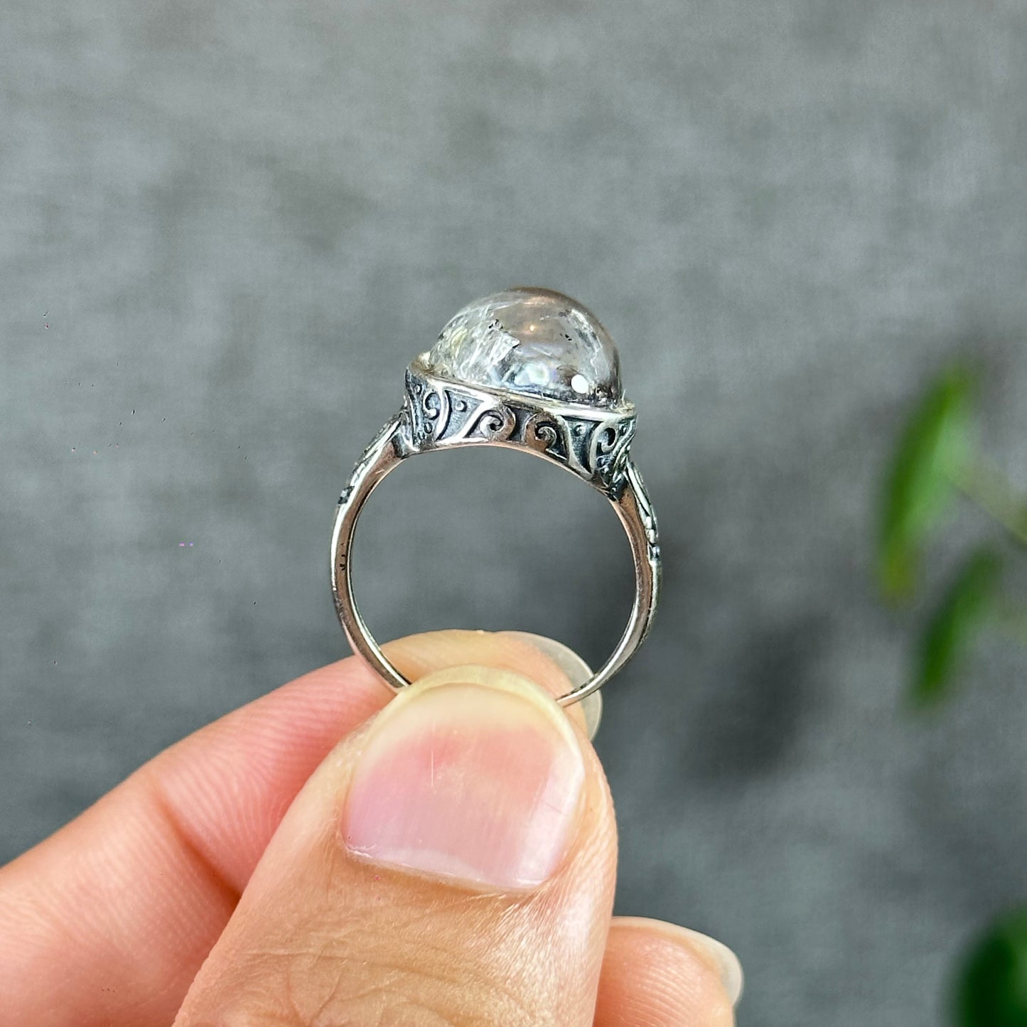Oval Natural Herkimer Ring Freesize In Silver Setting