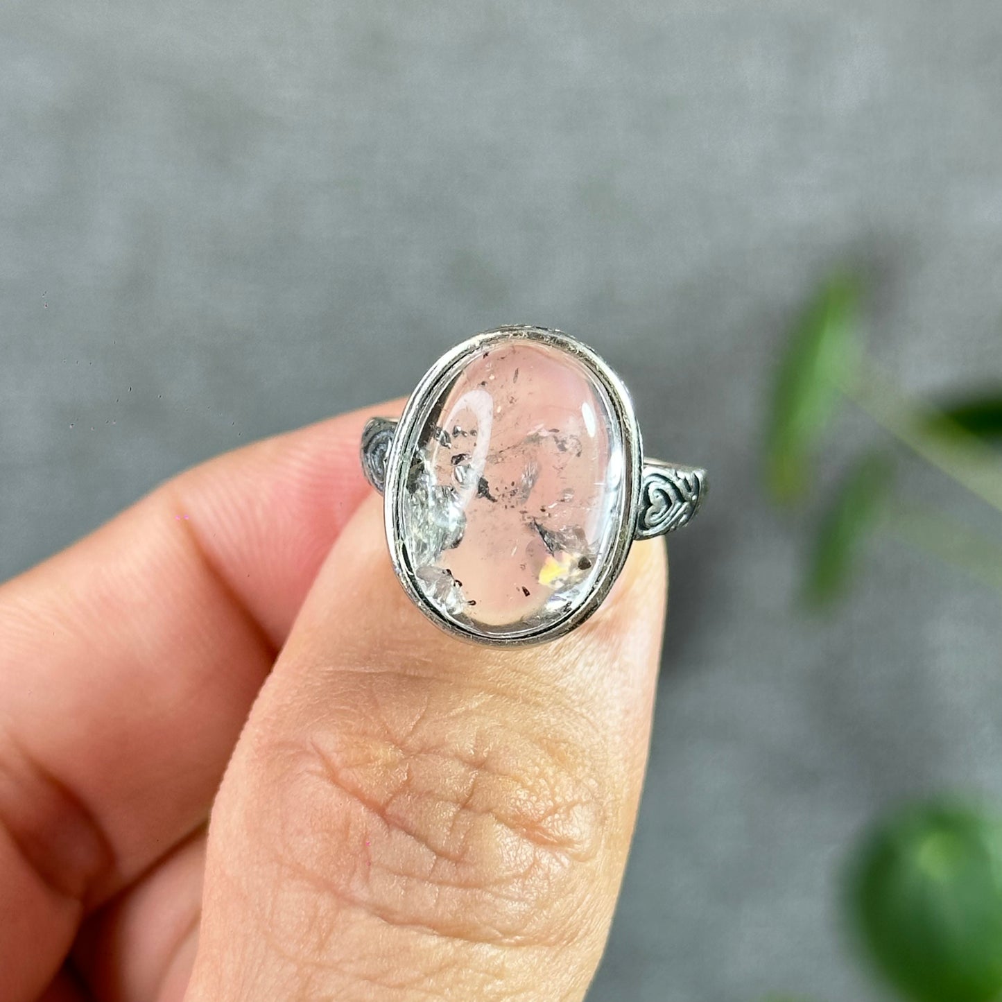 Oval Natural Herkimer Ring Freesize In Silver Setting