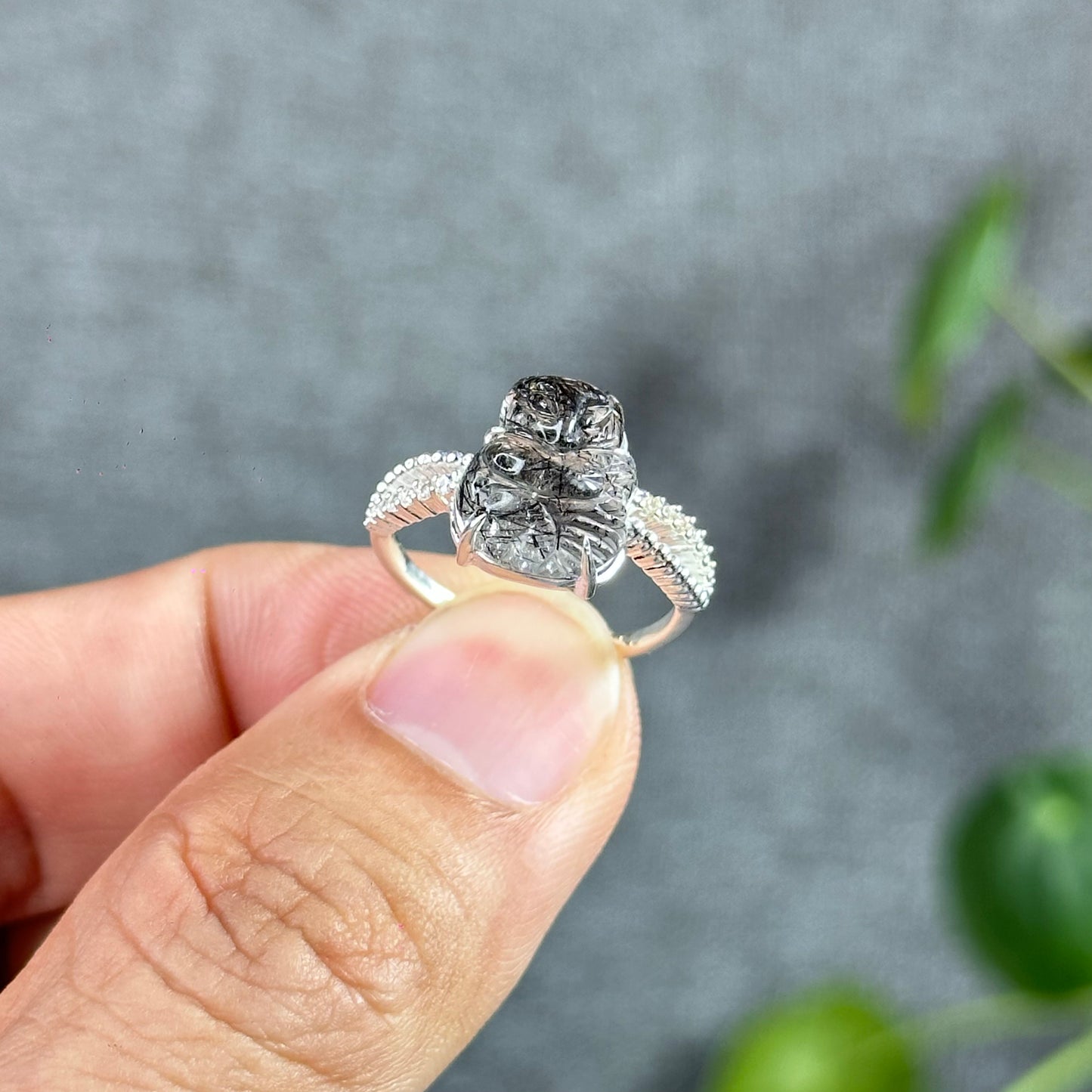 Fox Ho Ly Natural Black Rutilated Quartz Ring in Silver Size 1.7