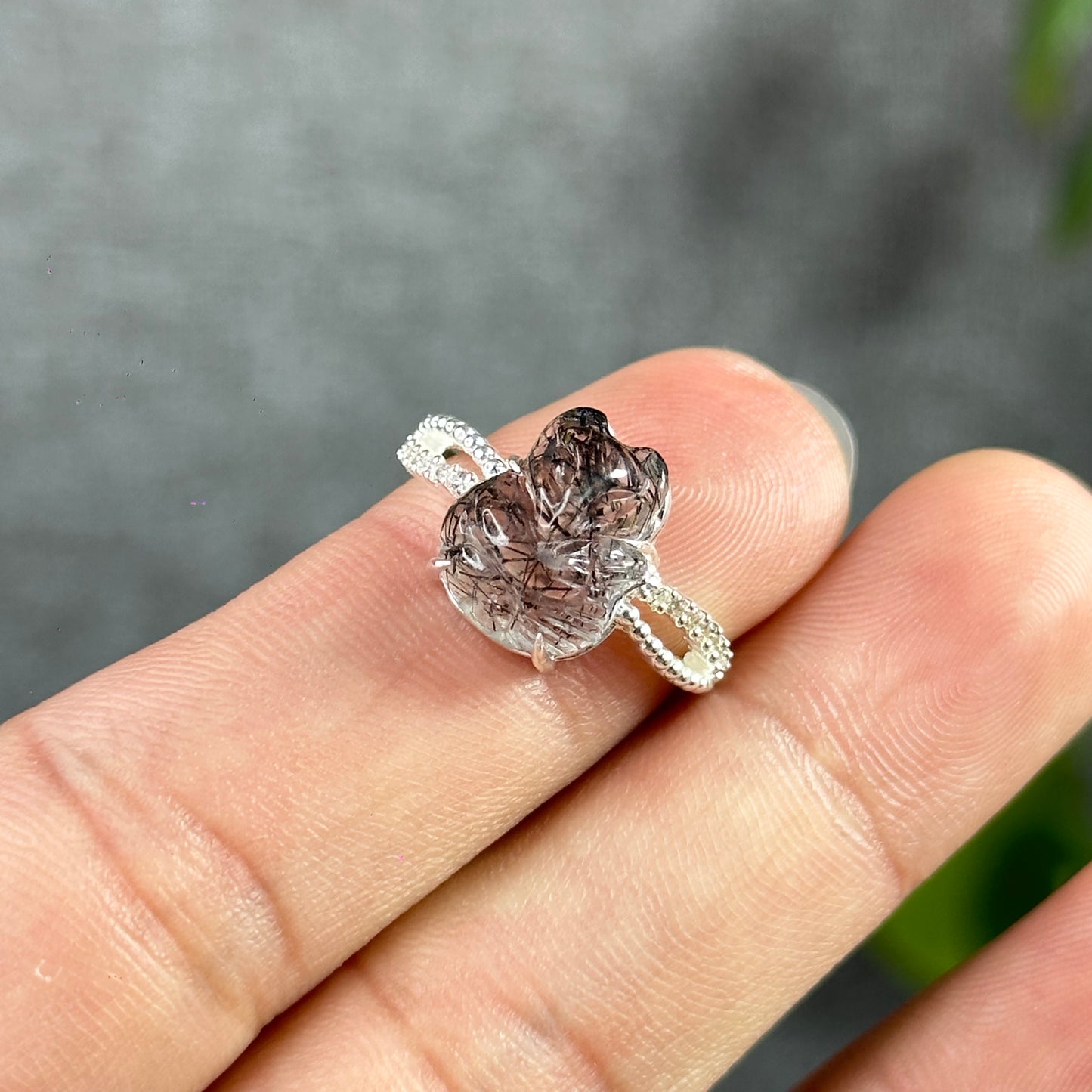 Fox Ho Ly Natural Black Rutilated Quartz Ring in Silver Size 1.7