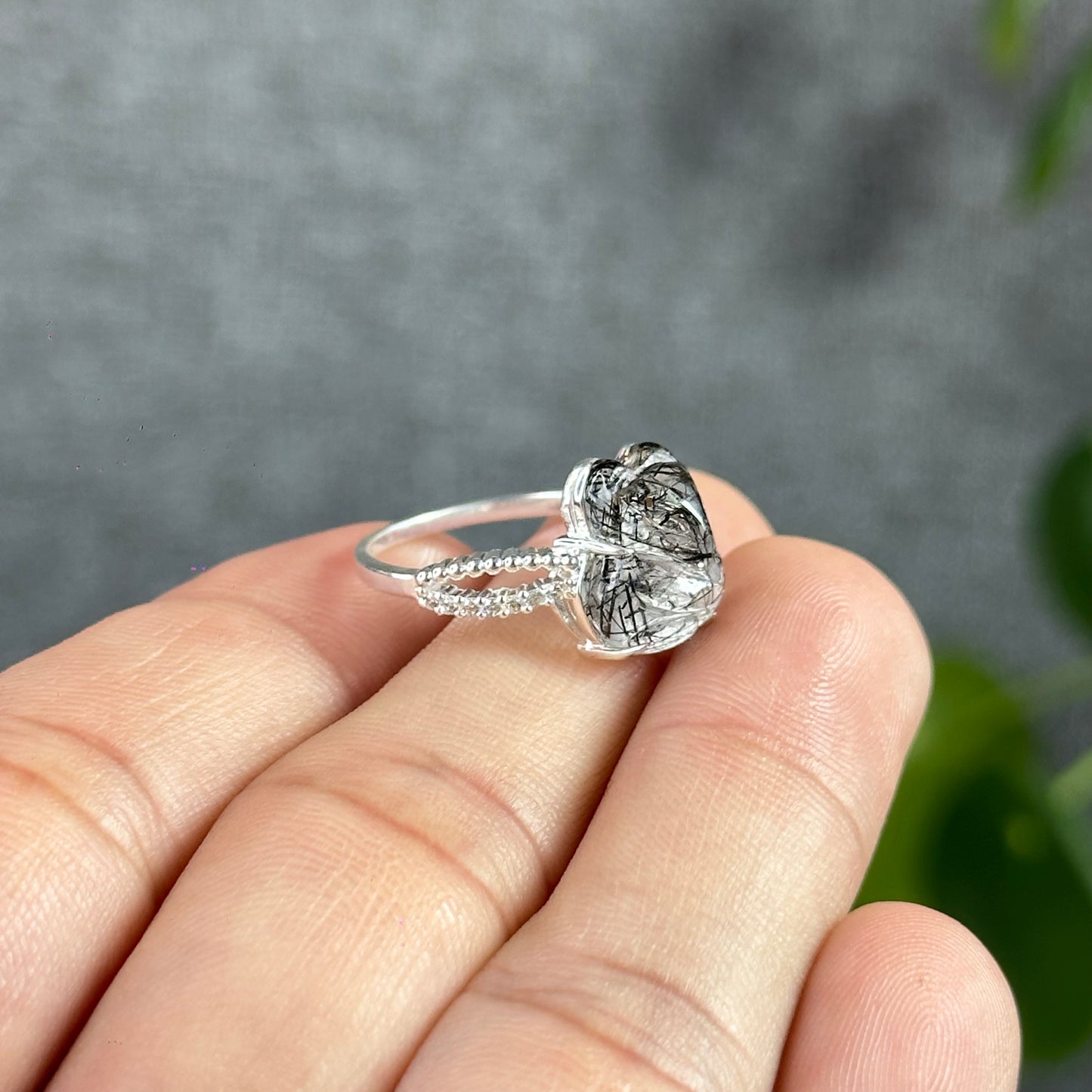 Fox Ho Ly Natural Black Rutilated Quartz Ring in Silver Size 1.7
