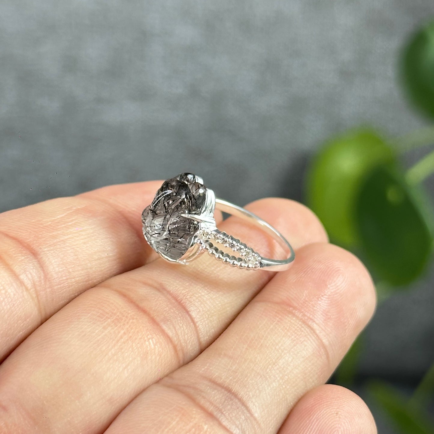 Fox Ho Ly Natural Black Rutilated Quartz Ring in Silver Size 1.7