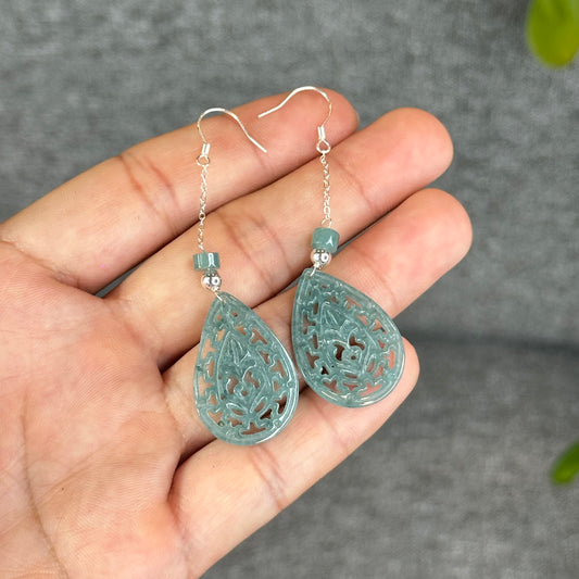 Natural Blue Water Jadeite Jade Teardrop Earrings in Silver Setting