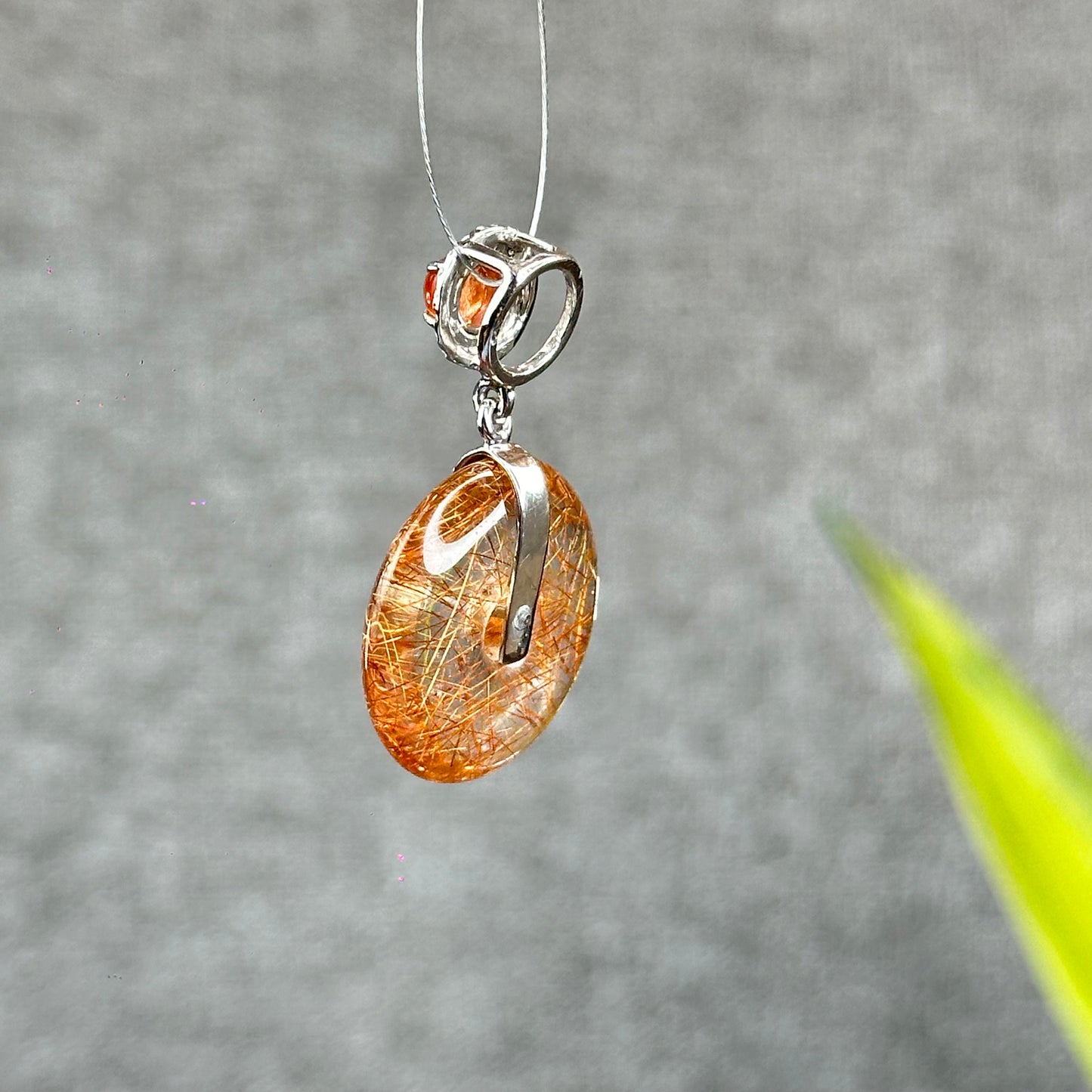 Natural Copper Rutilated Quartz - Donut Dong Dieu with Sunstone Silver Gold Plated Hook