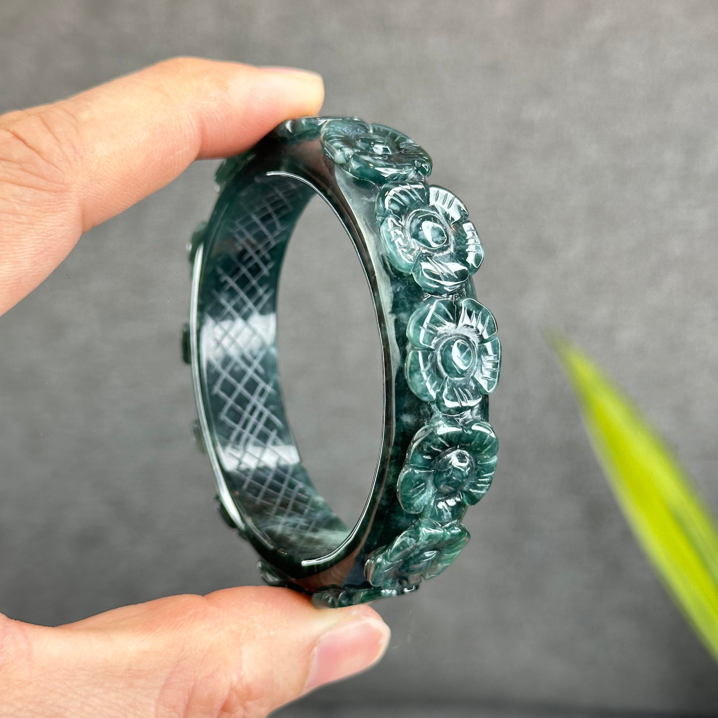 Natural Water Green Floating Flower Carving Jadeite Jade Banlge Square Style Size 55 mm