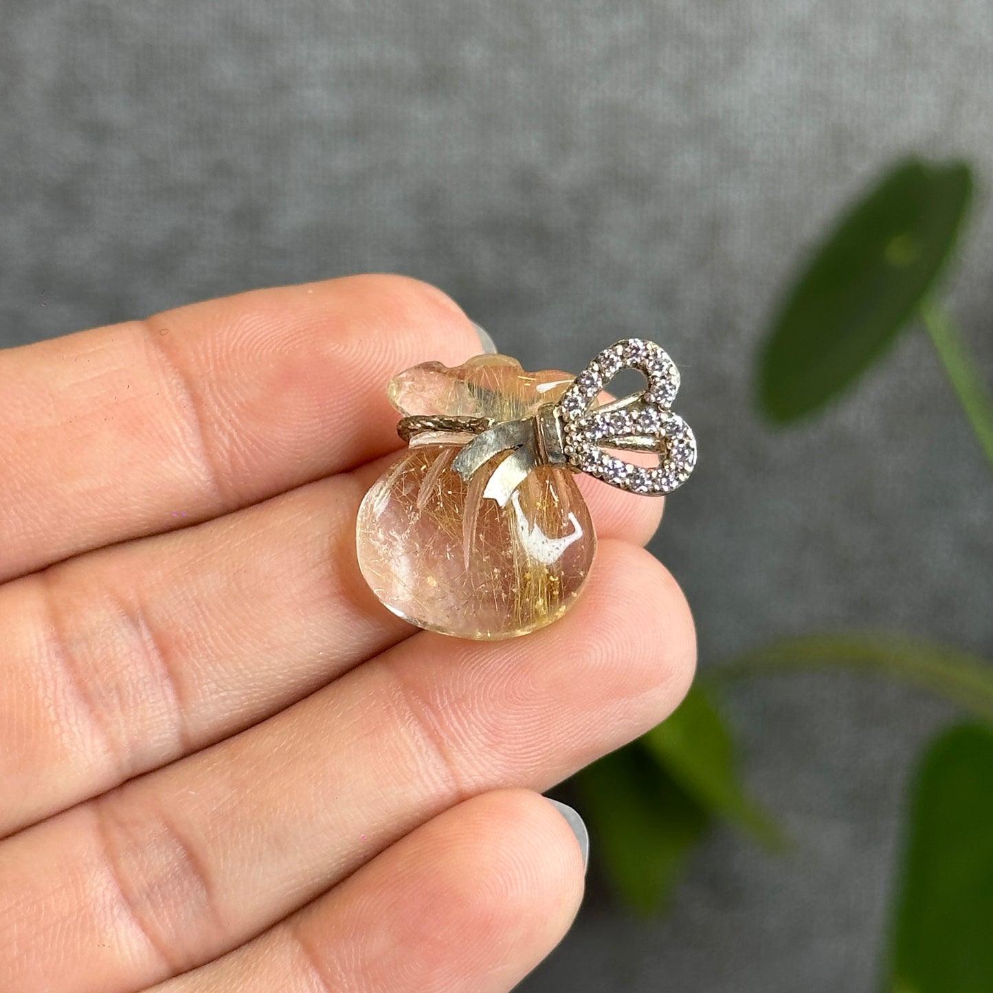 Money Bag Natural Golden Rutilated Quartz Pendant with Silver Setting
