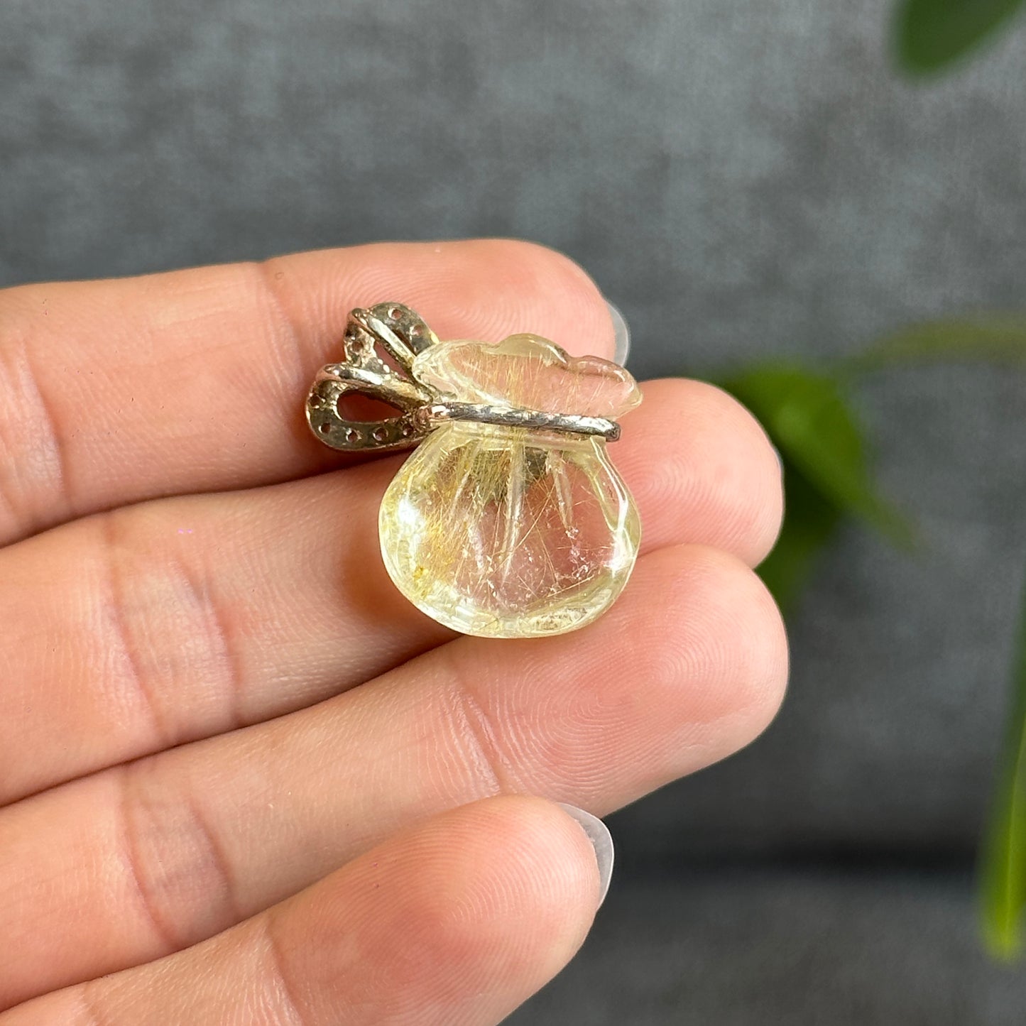 Money Bag Natural Golden Rutilated Quartz Pendant with Silver Setting