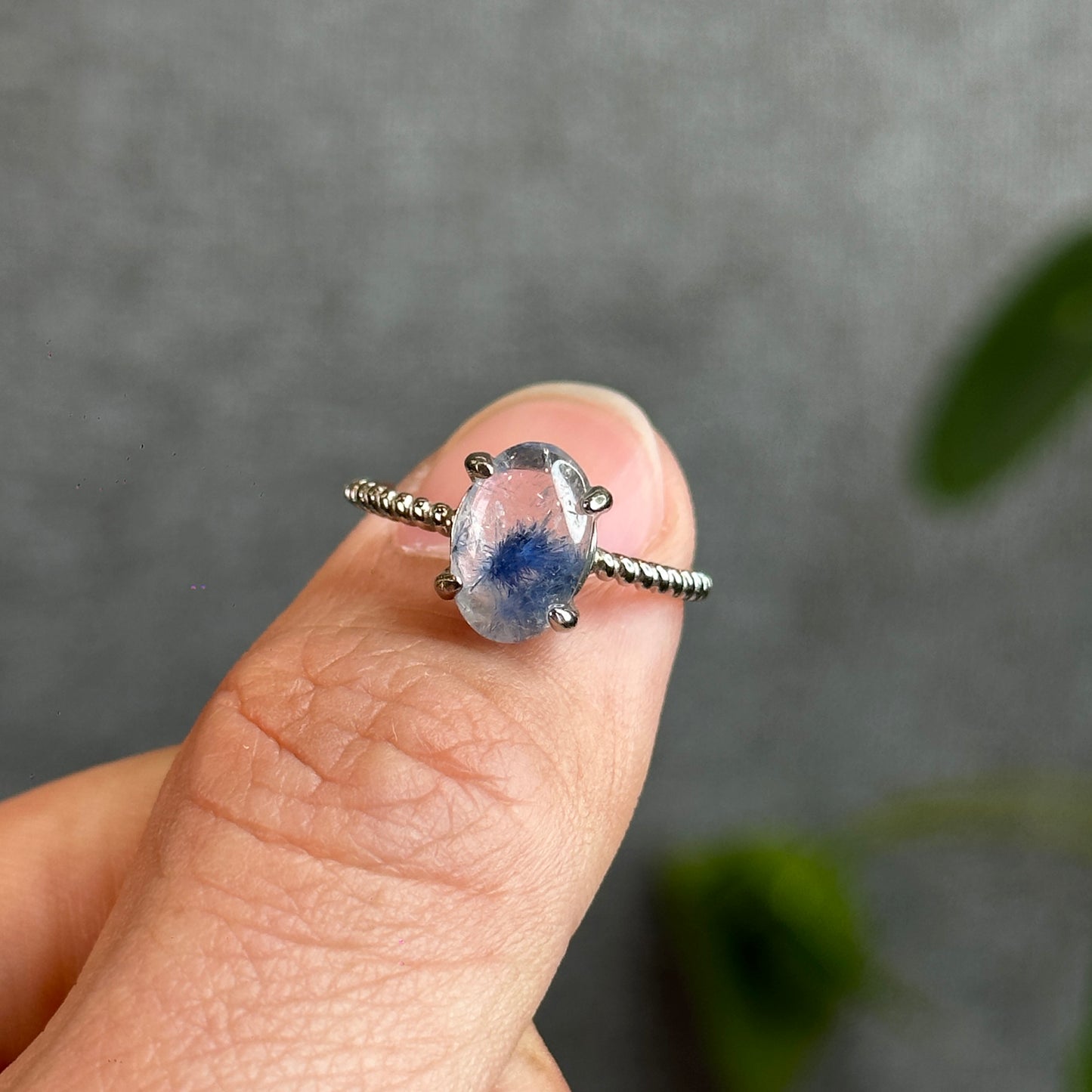 Oval Natural Dumortierite Ring in Silver Setting
