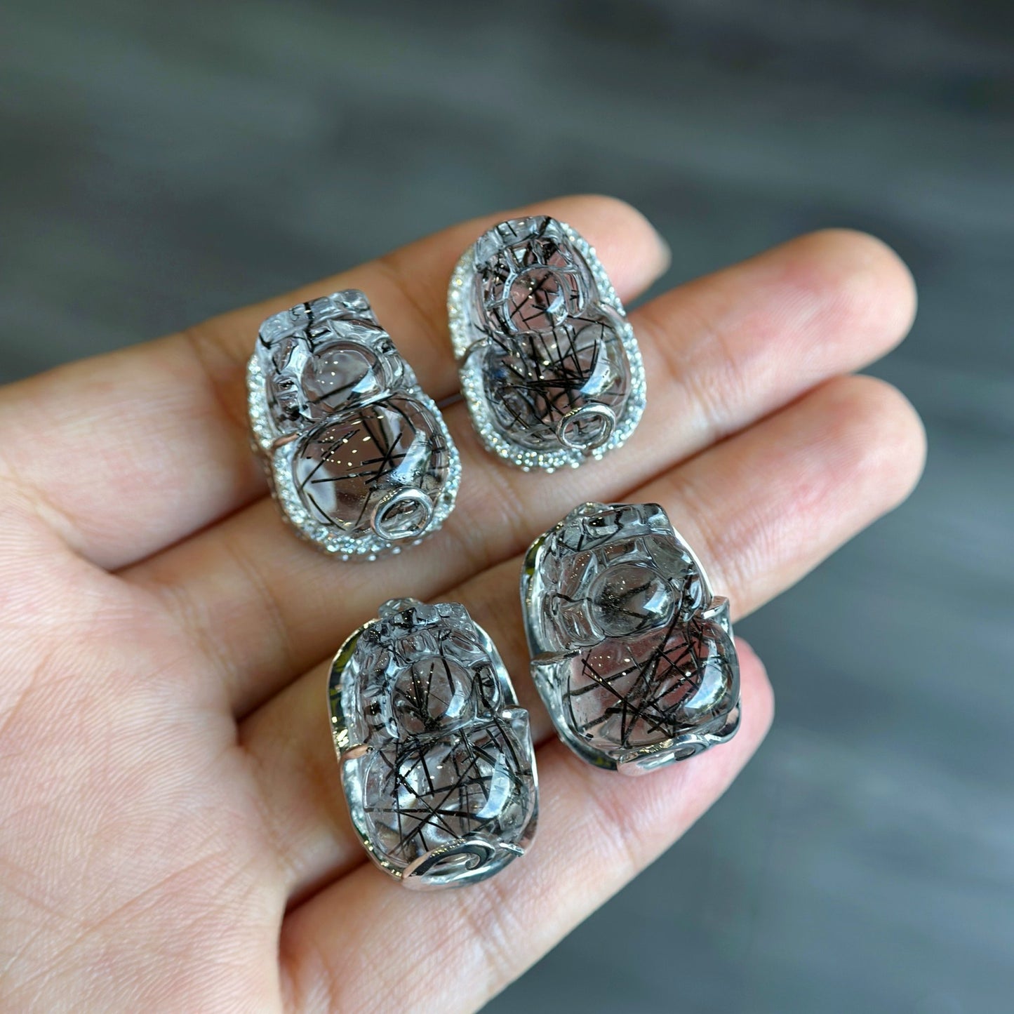 Pixiu Natural Black Rutilated Quartz Charm in Silver Setting