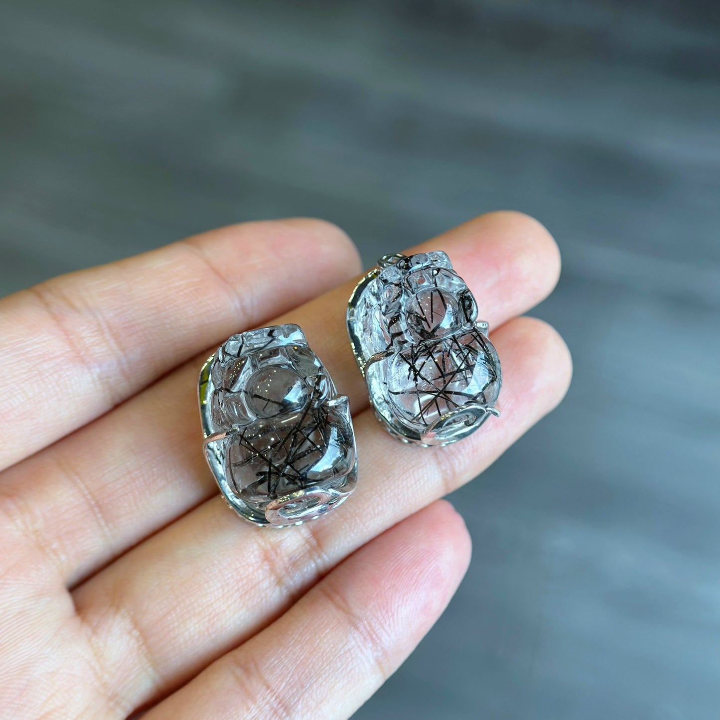 Pixiu Natural Black Rutilated Quartz Charm in Silver Setting