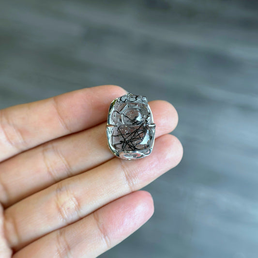 Pixiu Natural Black Rutilated Quartz Charm in Silver Setting