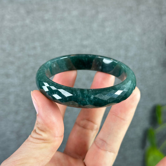 Natural Water Green Semi-Translucent Faceted Natural Jadeite Jade Bangle Leaf Style Size 55 mm