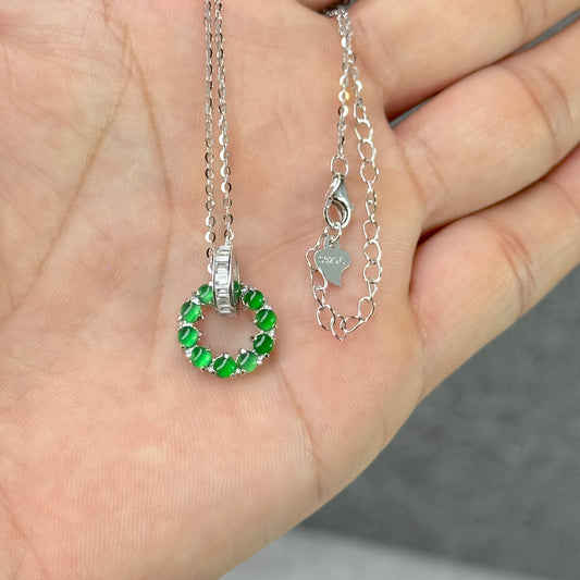 Icy Imperial Green Jadeite Jade Double Ring Necklace in Silver 925 Setting - Natural Stone