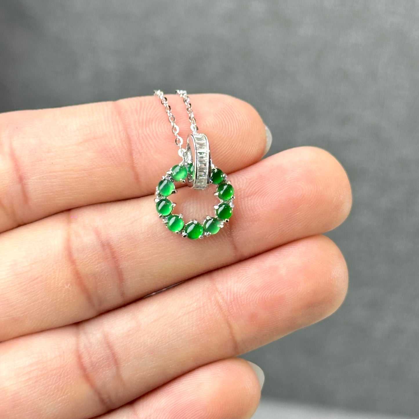 Icy Imperial Green Natural Jadeite Jade Double Ring Necklace in Silver 925 Setting