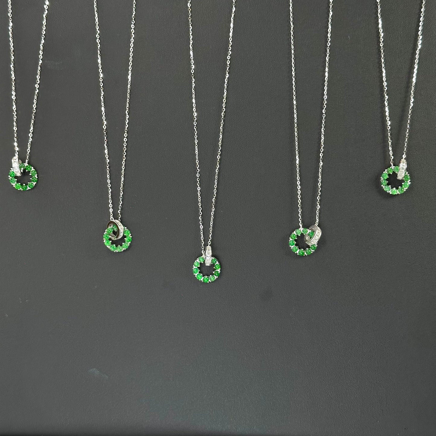 Icy Imperial Green Natural Jadeite Jade Double Ring Necklace in Silver 925 Setting