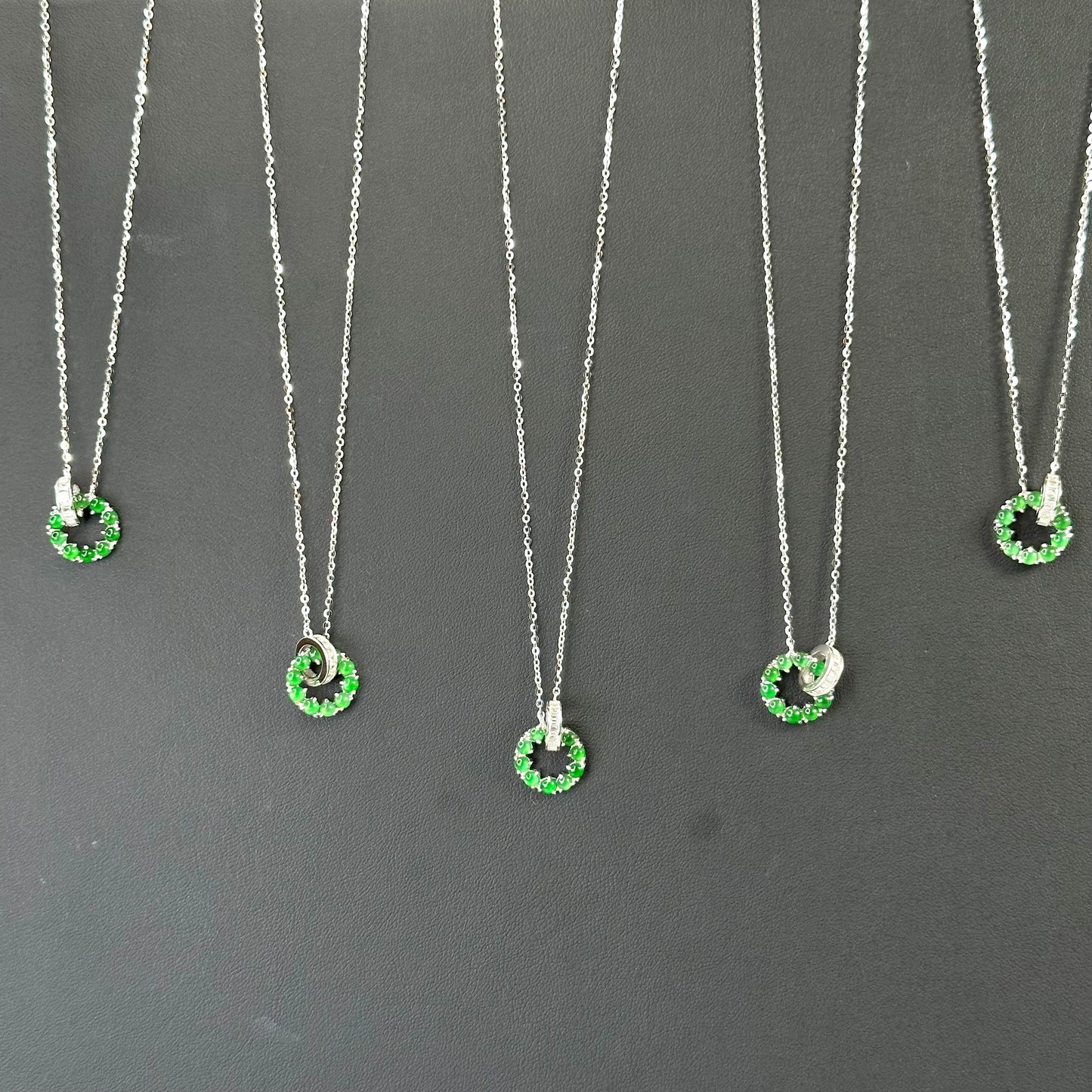 Icy Imperial Green Natural Jadeite Jade Double Ring Necklace in Silver 925 Setting