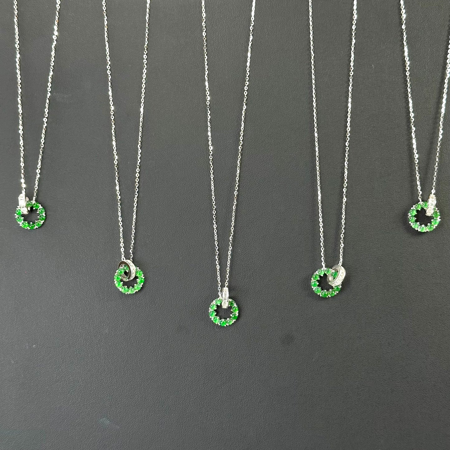 Icy Imperial Green Natural Jadeite Jade Double Ring Necklace in Silver 925 Setting