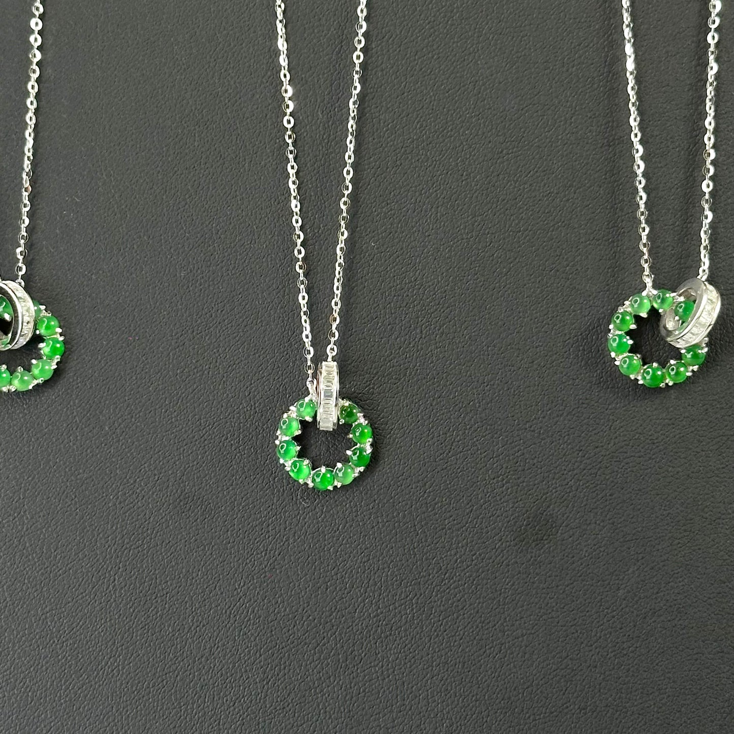 Icy Imperial Green Natural Jadeite Jade Double Ring Necklace in Silver 925 Setting