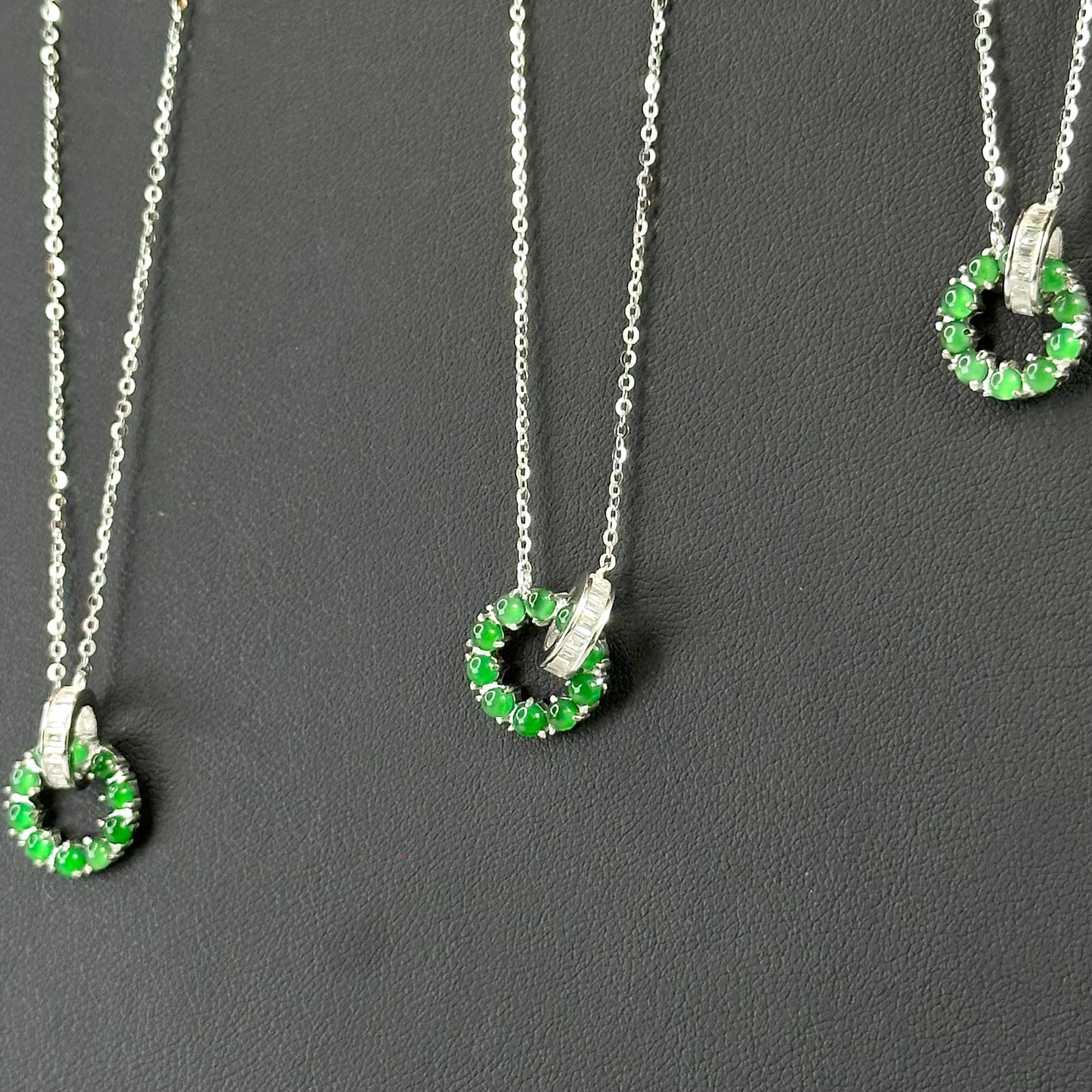 Icy Imperial Green Natural Jadeite Jade Double Ring Necklace in Silver 925 Setting