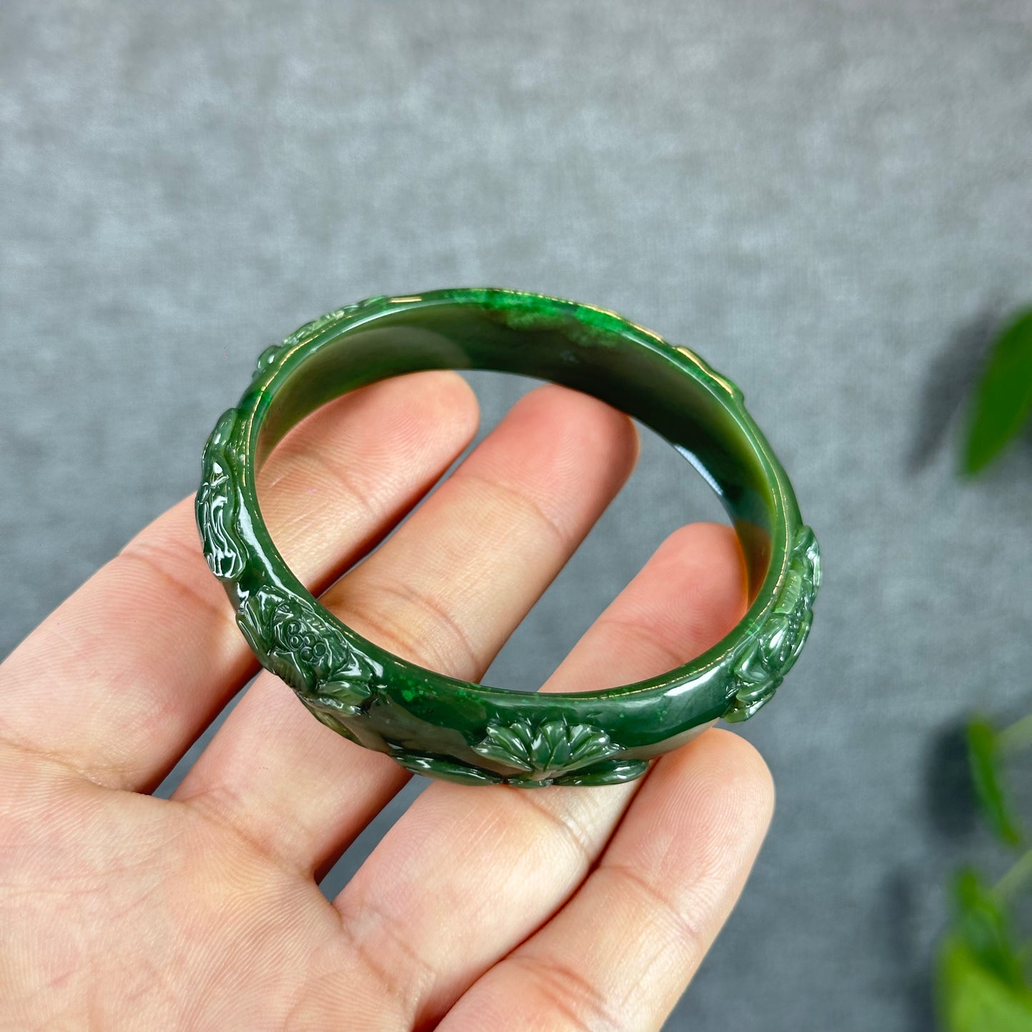 Lotus Carving Natural Nephrite Jade VIP Bangle Leaf Style Size 55 mm