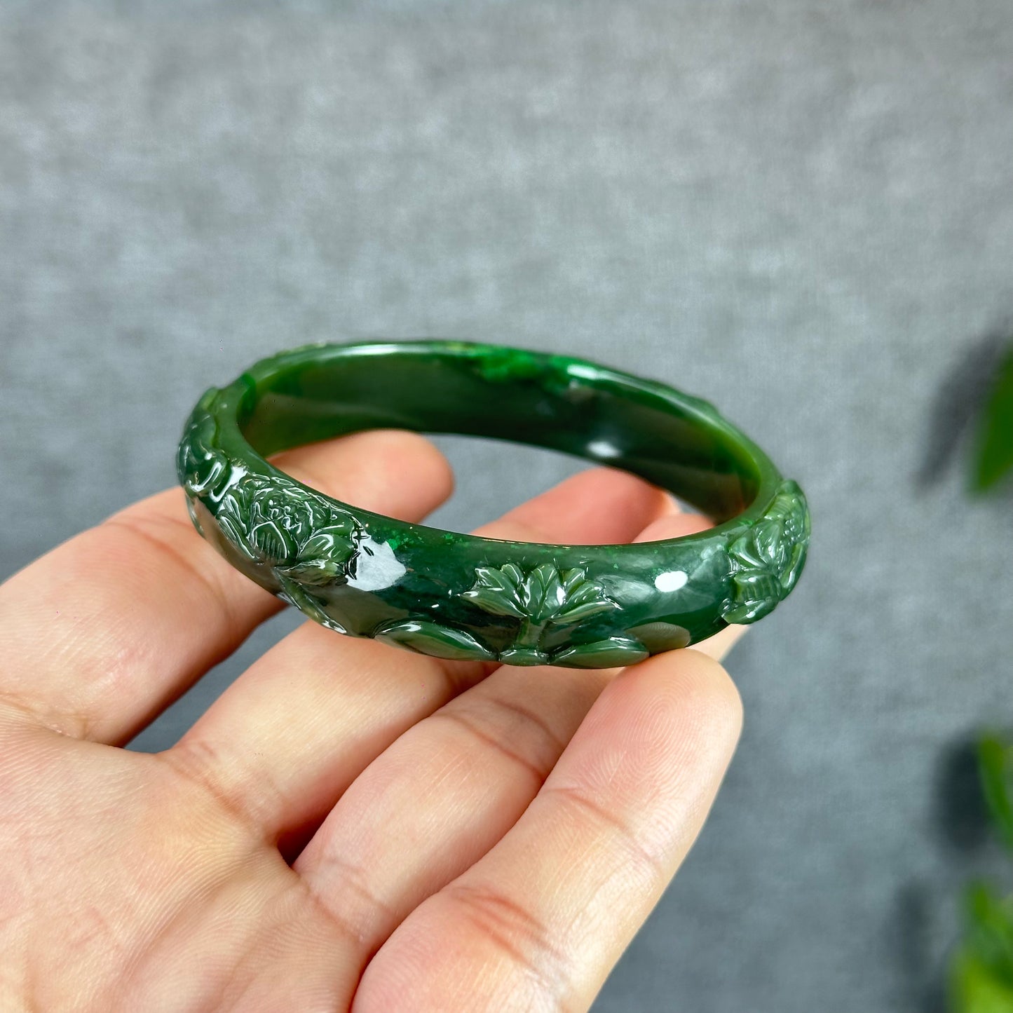 Lotus Carving Natural Nephrite Jade VIP Bangle Leaf Style Size 55 mm