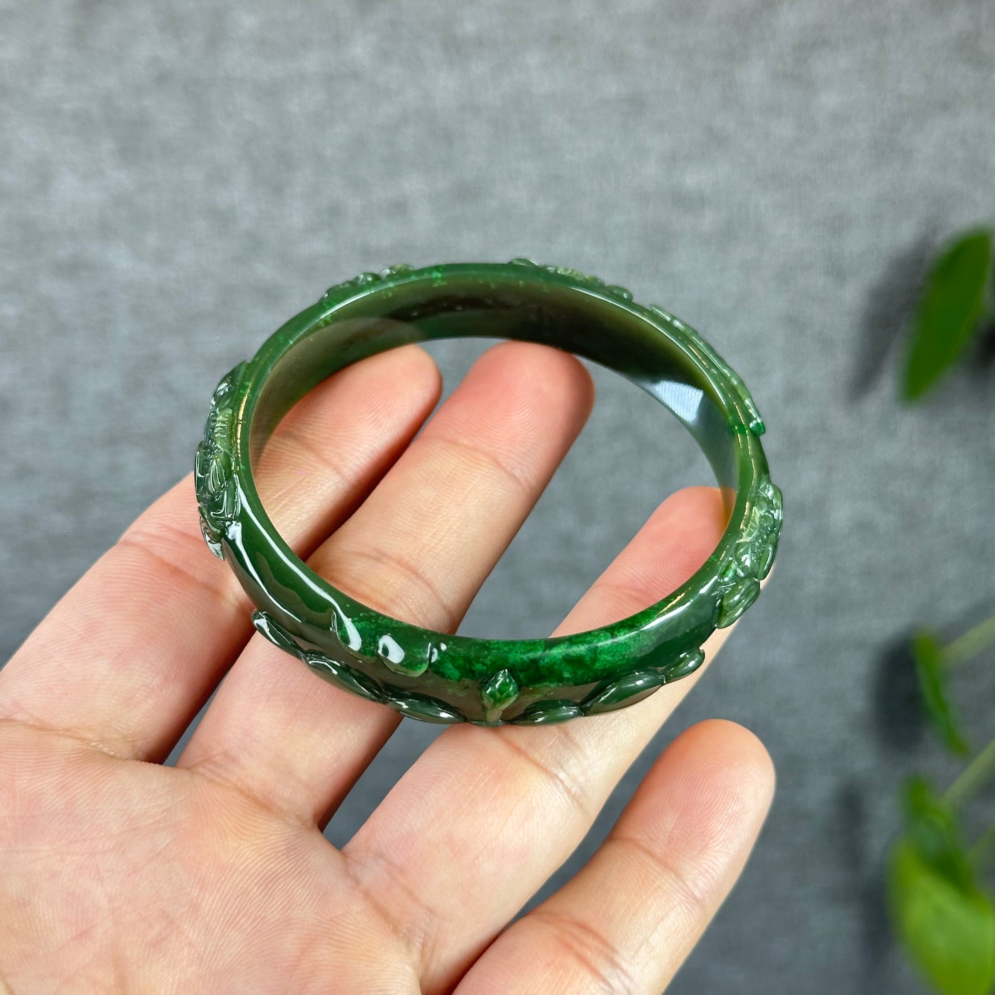 Lotus Carving Natural Nephrite Jade VIP Bangle Leaf Style Size 55 mm