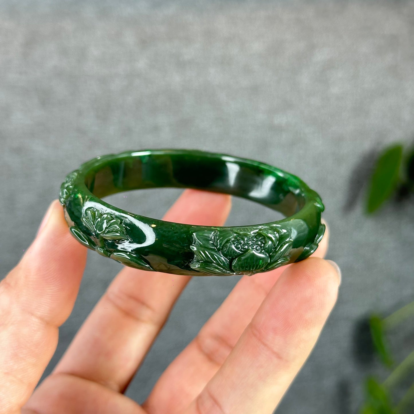 Lotus Carving Natural Nephrite Jade VIP Bangle Leaf Style Size 55 mm