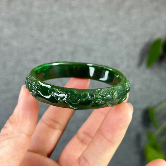 Lotus Carving Natural Nephrite Jade VIP Bangle Leaf Style Size 55 mm