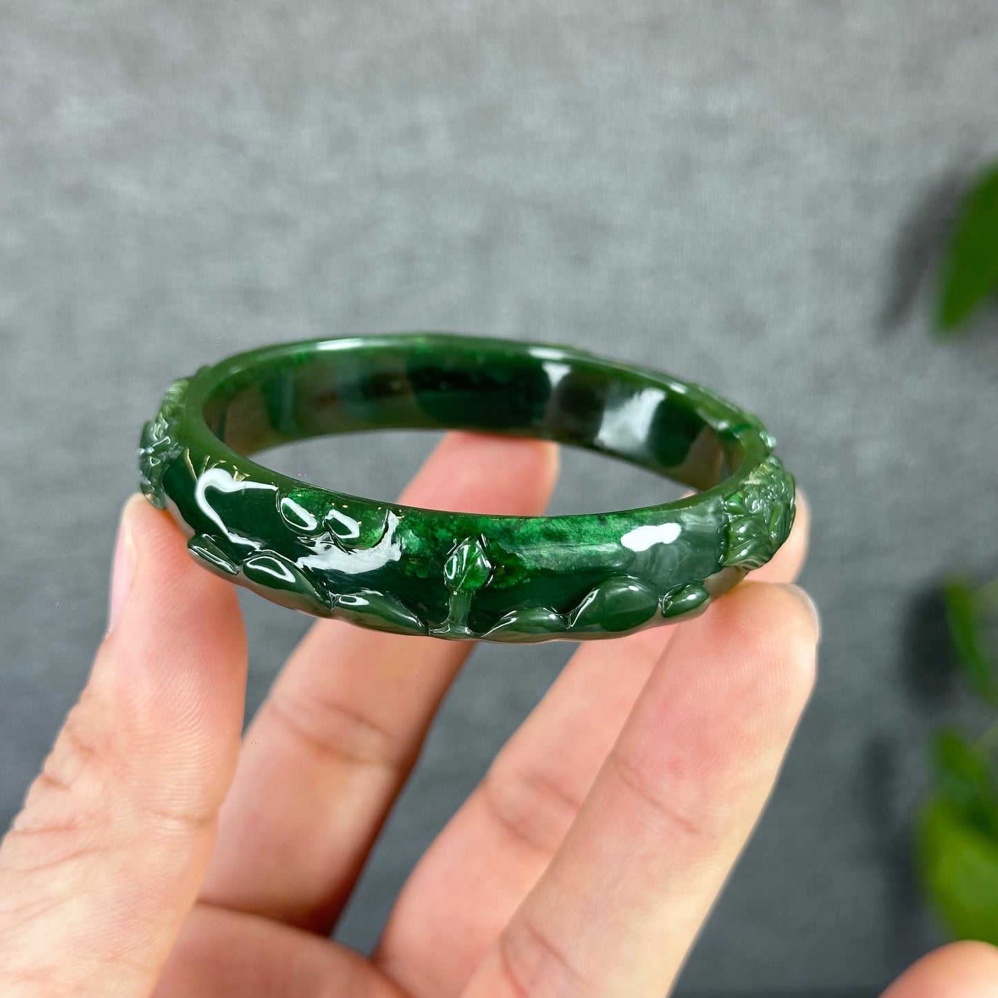 Lotus Carving Natural Nephrite Jade VIP Bangle Leaf Style Size 55 mm