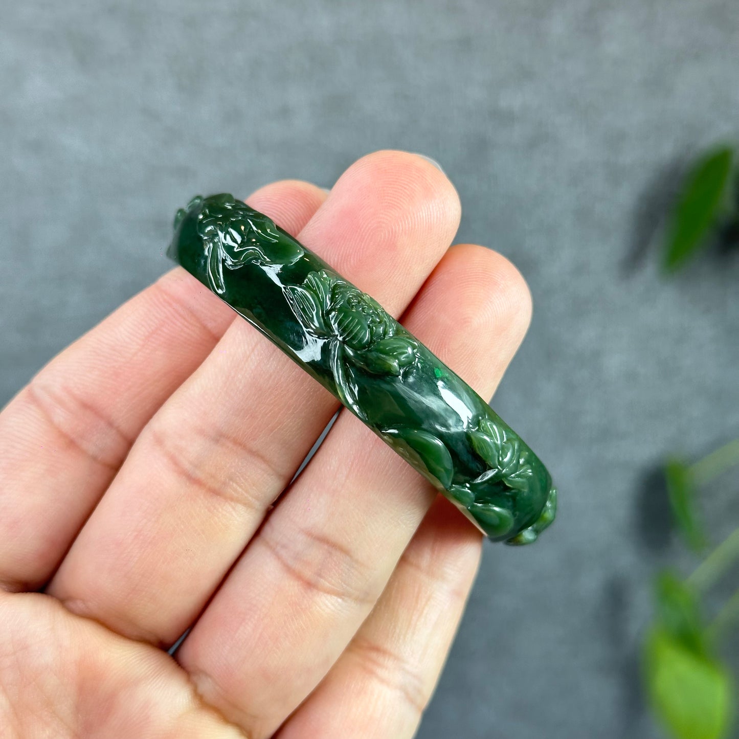 Lotus Carving Natural Nephrite Jade VIP Bangle Leaf Style Size 55 mm