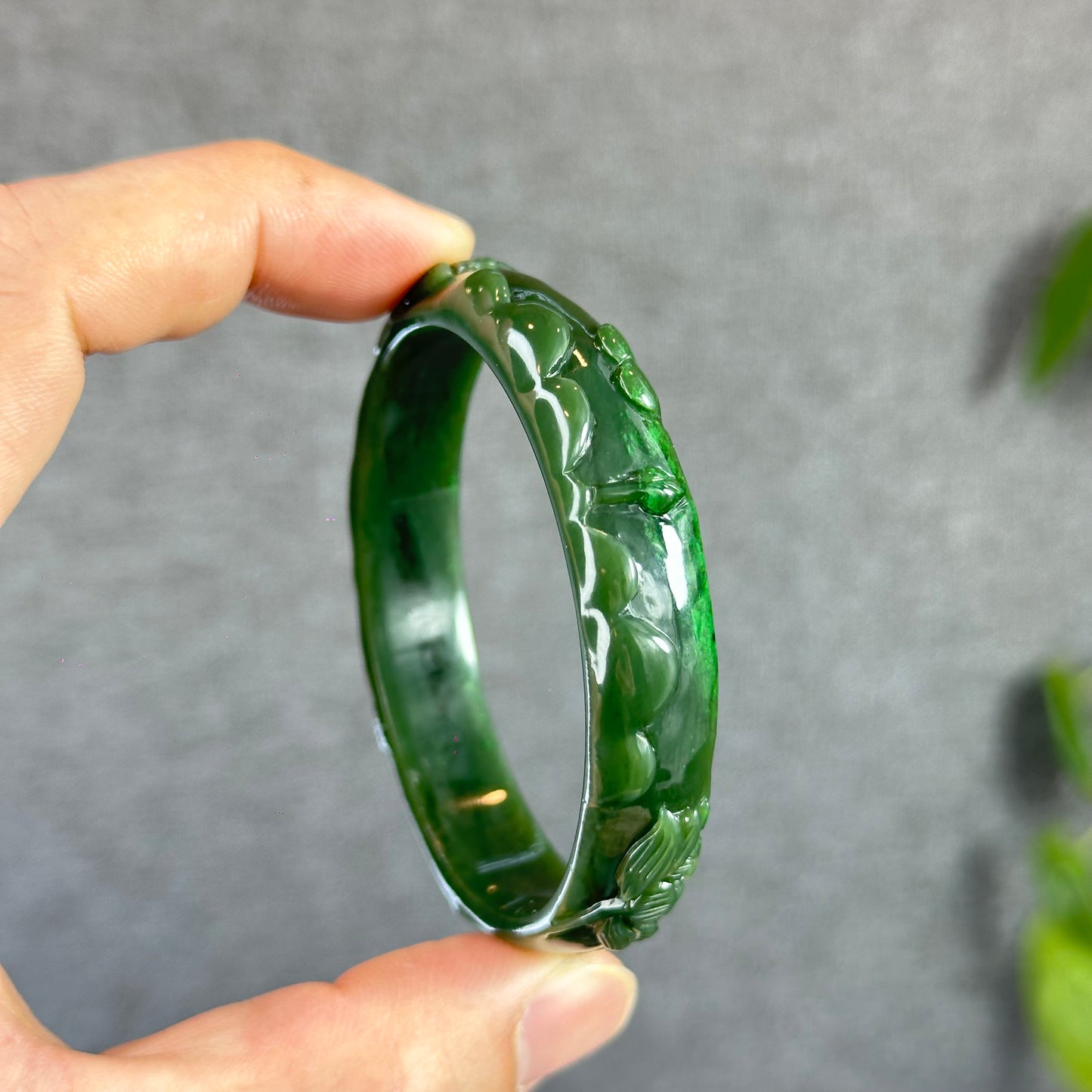 Lotus Carving Natural Nephrite Jade VIP Bangle Leaf Style Size 55 mm