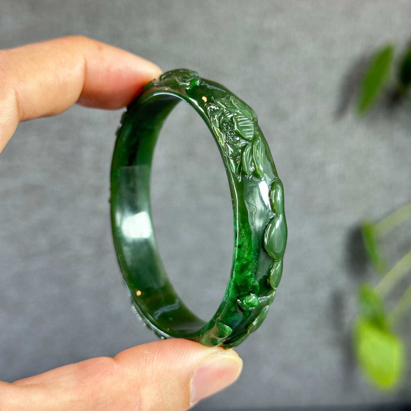 Lotus Carving Natural Nephrite Jade VIP Bangle Leaf Style Size 55 mm