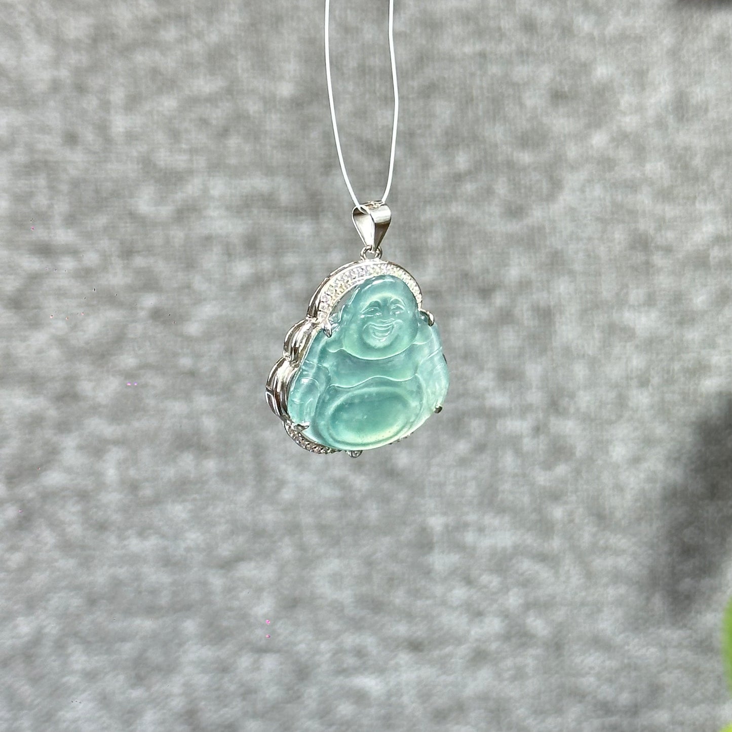 Light Water Green Happy Buddha Natural Jadeite Jade Pendate in Silver Frame with White Stone Setting