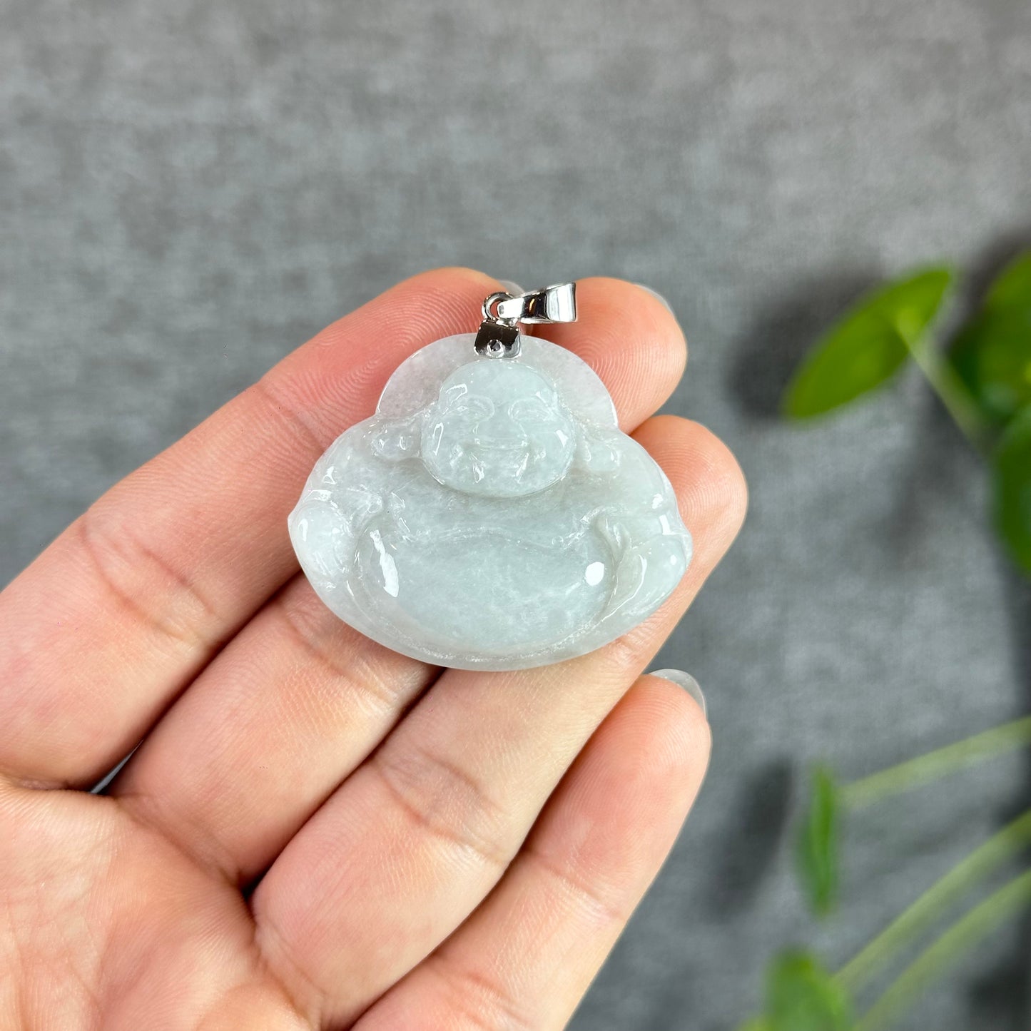 Happy Buddha Hand Carving Natural Ivory White Jadeite Jade Buddha Pendant with 10k White Gold Hook Setting