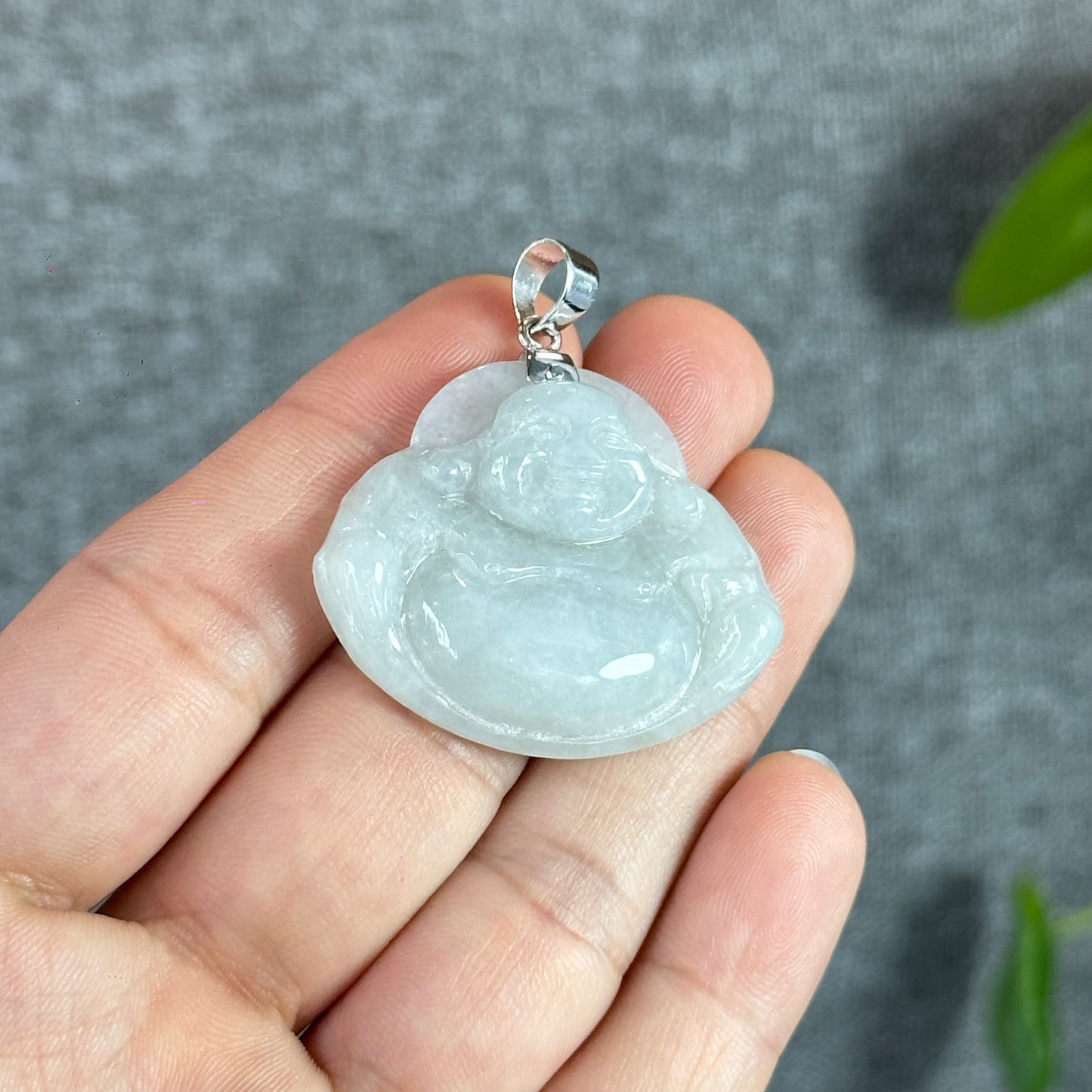 Happy Buddha Hand Carving Natural Ivory White Jadeite Jade Buddha Pendant with 10k White Gold Hook Setting