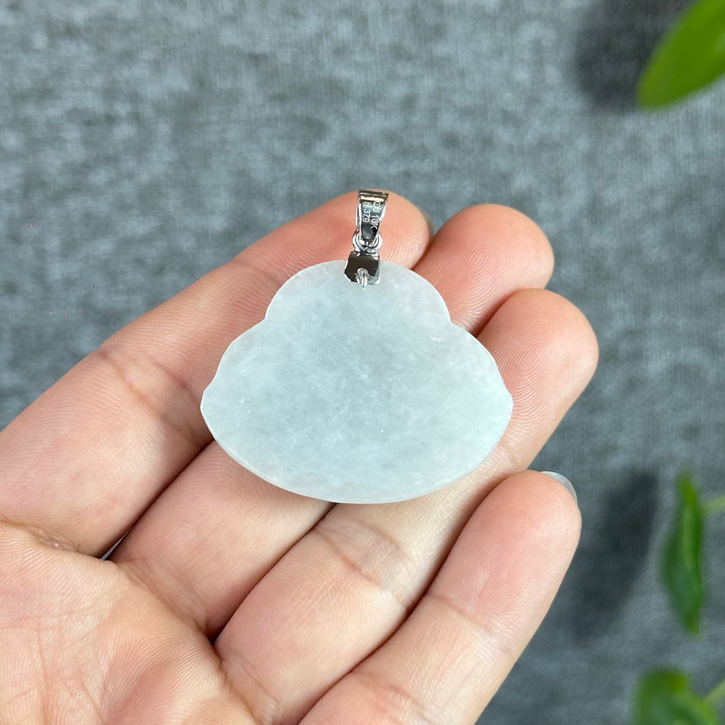 Happy Buddha Hand Carving Natural Ivory White Jadeite Jade Buddha Pendant with 10k White Gold Hook Setting