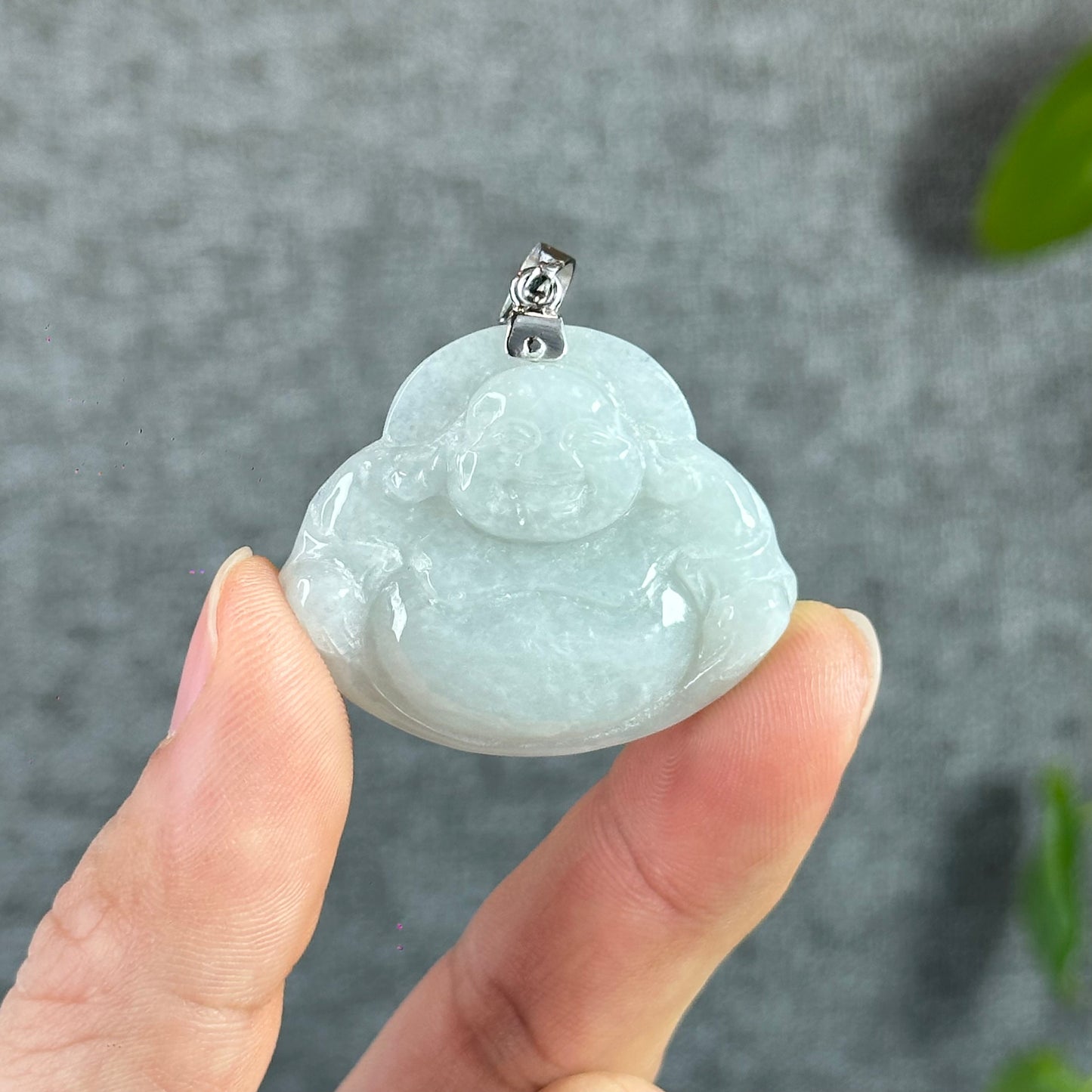 Happy Buddha Hand Carving Natural Ivory White Jadeite Jade Buddha Pendant with 10k White Gold Hook Setting