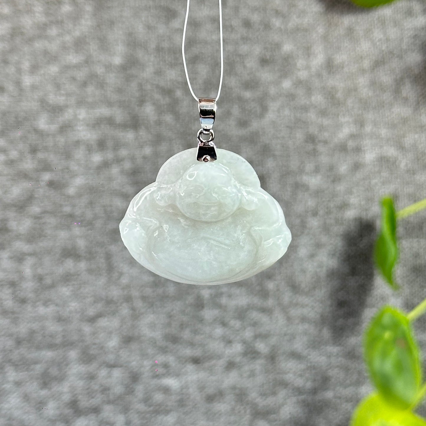 Happy Buddha Hand Carving Natural Ivory White Jadeite Jade Buddha Pendant with 10k White Gold Hook Setting