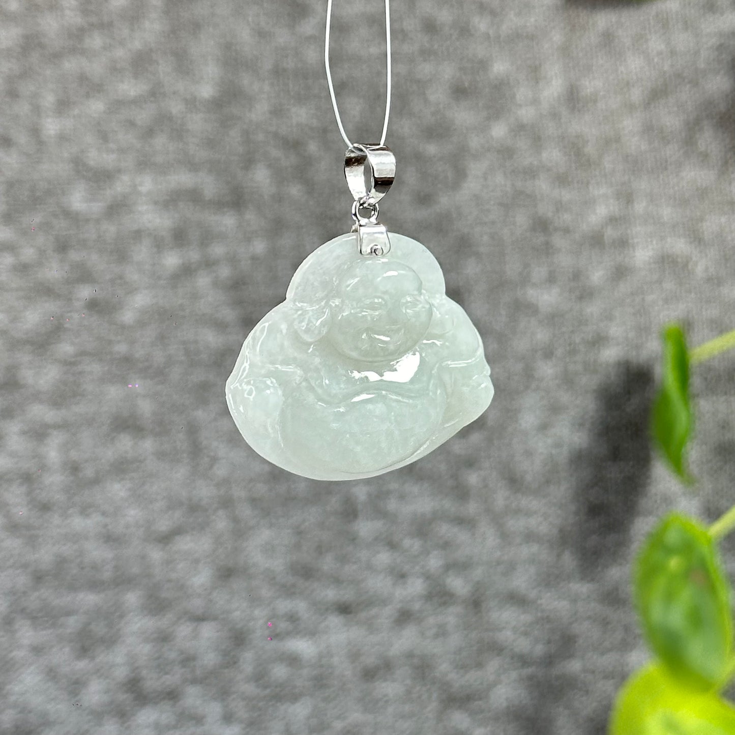 Happy Buddha Hand Carving Natural Ivory White Jadeite Jade Buddha Pendant with 10k White Gold Hook Setting