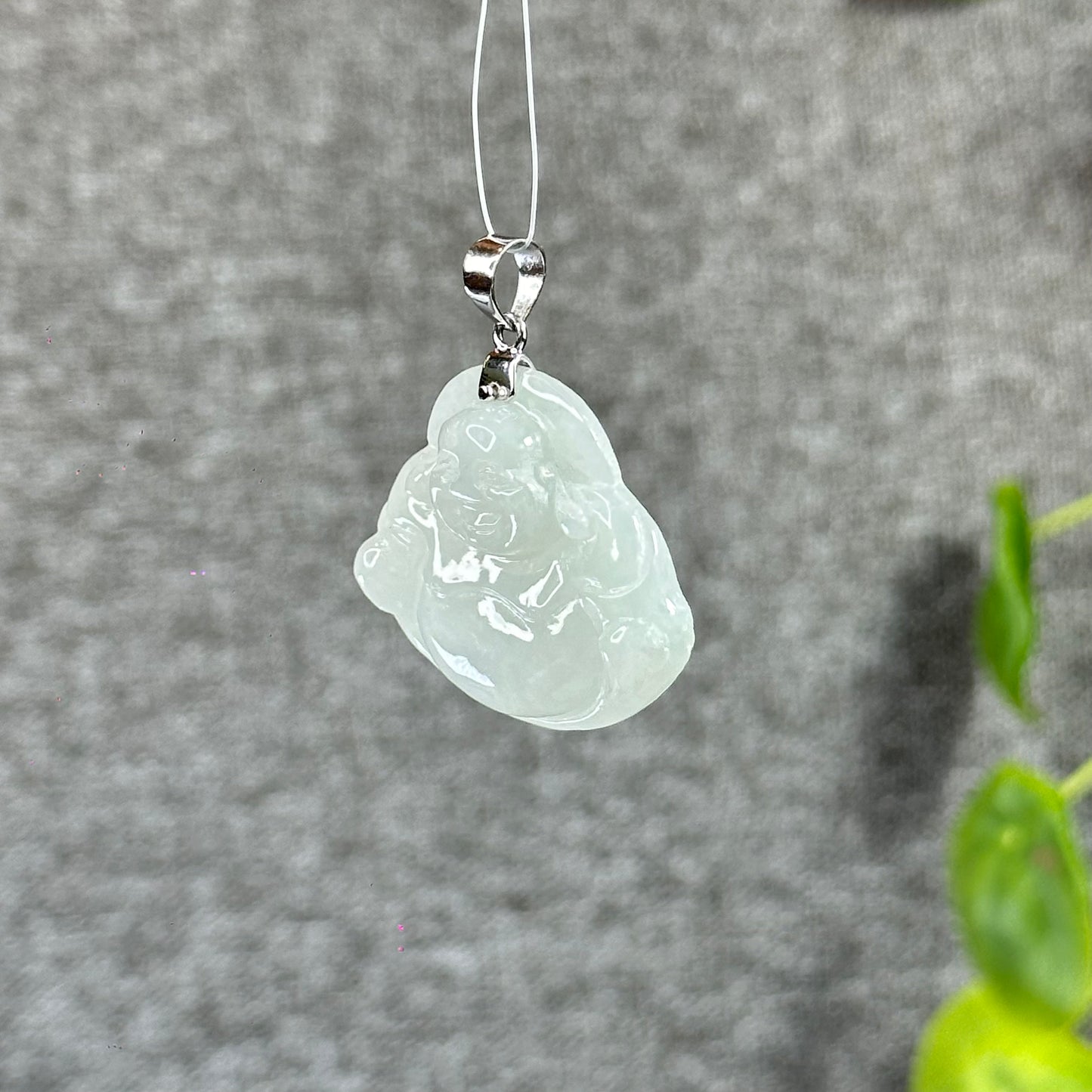Happy Buddha Hand Carving Natural Ivory White Jadeite Jade Buddha Pendant with 10k White Gold Hook Setting