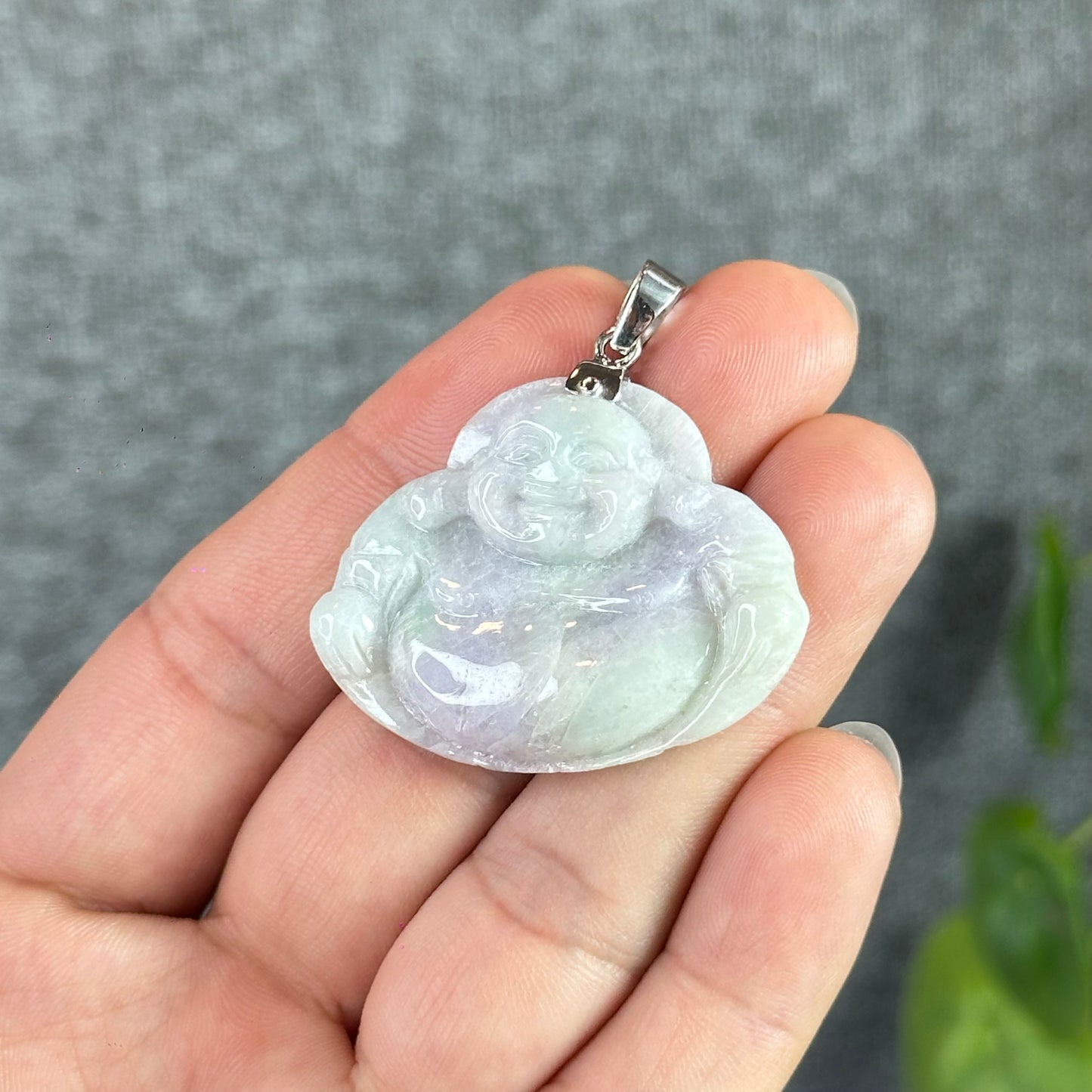 Happy Buddha Hand Carving Natural Lavender Jadeite Jade Buddha Pendant with 10k White Gold Hook Setting